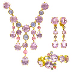 Necklace, Bracelet and Earrings Parure, Set in 18k Yellow Gold, w/ Pink