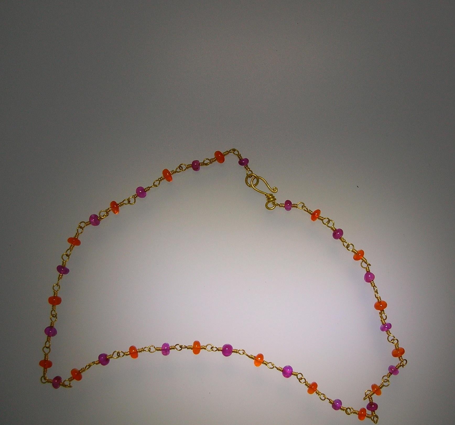 Artisan Necklace Burmese Ruby and Mexican Fire Opal beads in 22 Karat gold For Sale
