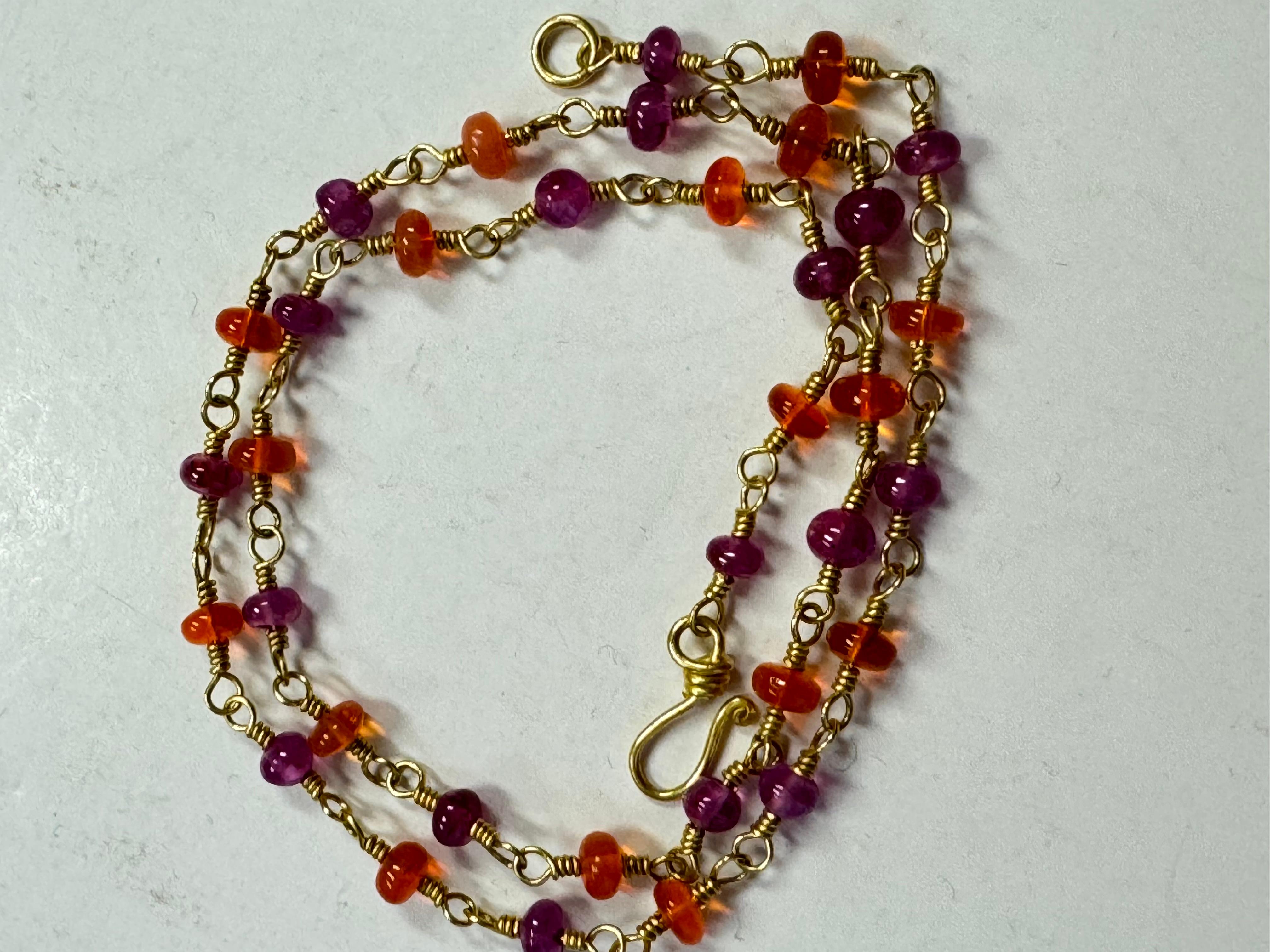 Bead Necklace Burmese Ruby and Mexican Fire Opal beads in 22 Karat gold For Sale