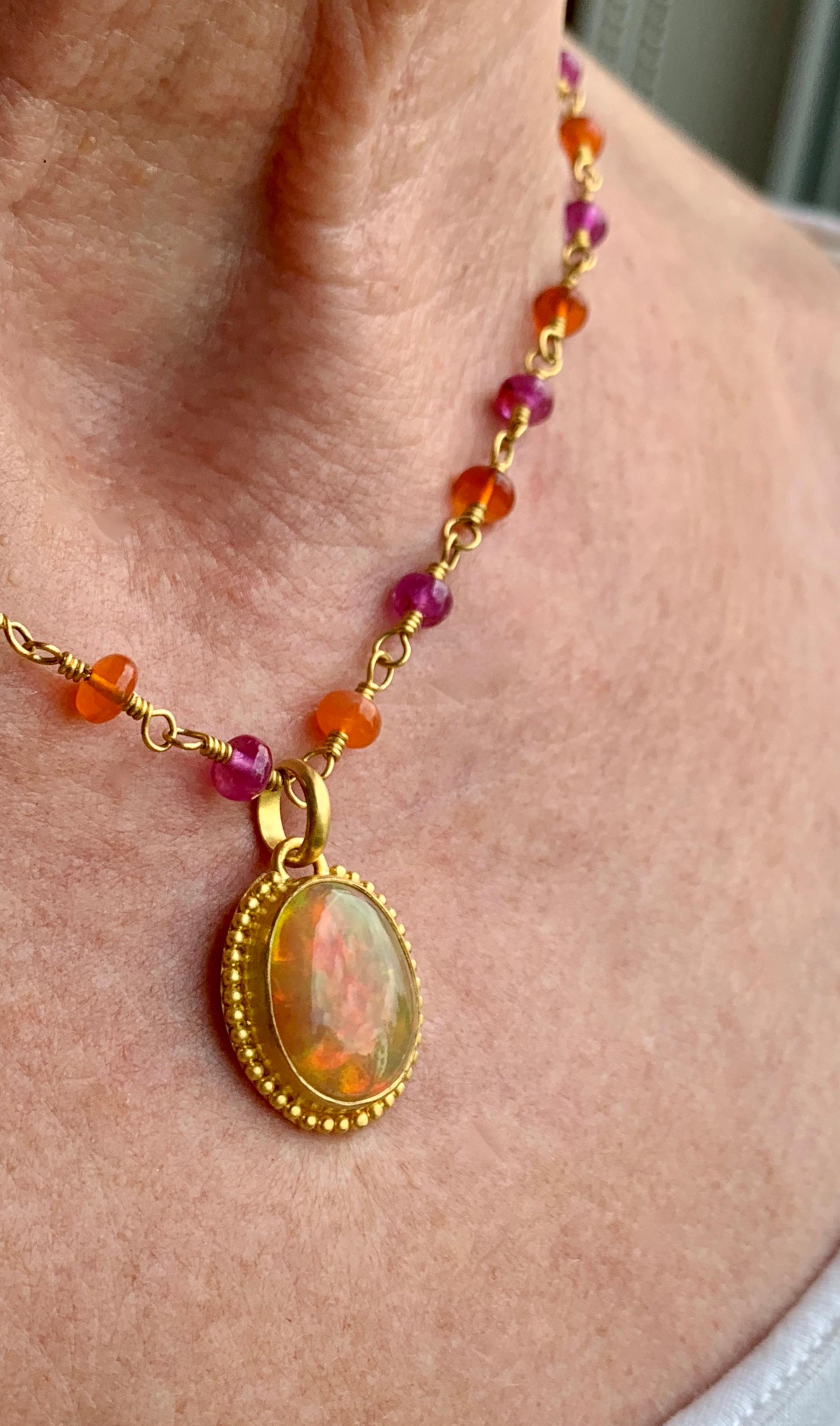 Women's or Men's Necklace Burmese Ruby and Mexican Fire Opal beads in 22 Karat gold For Sale