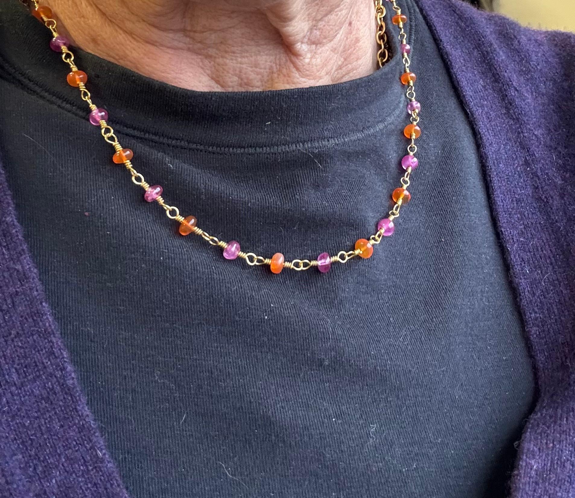 Necklace Burmese Ruby and Mexican Fire Opal beads in 22 Karat gold For Sale 2