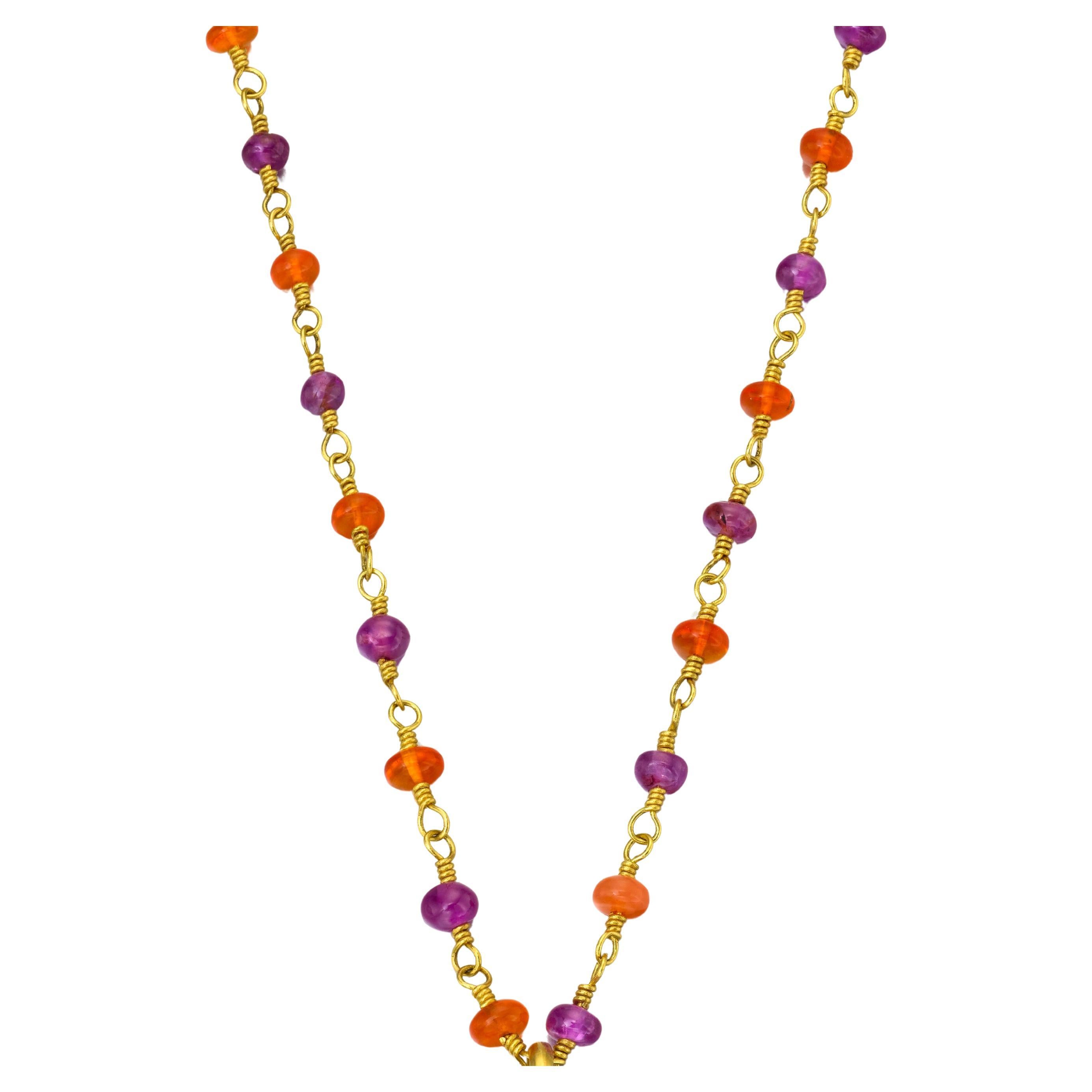 Necklace Burmese Ruby and Mexican Fire Opal beads in 22 Karat gold For Sale