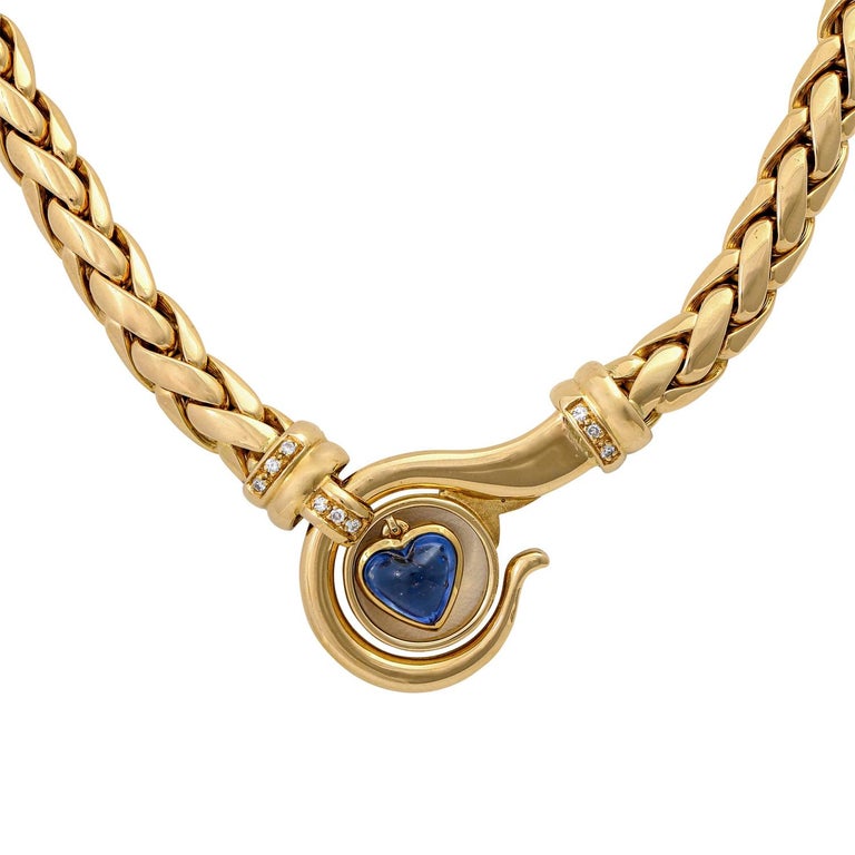 Necklace, Clasp as Front Part with 1 Sapphire Heart Cab, and 9