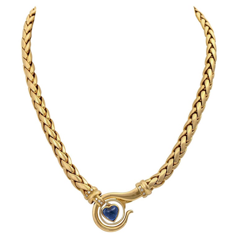 Necklace, Clasp as Front Part with 1 Sapphire Heart Cab, and 9