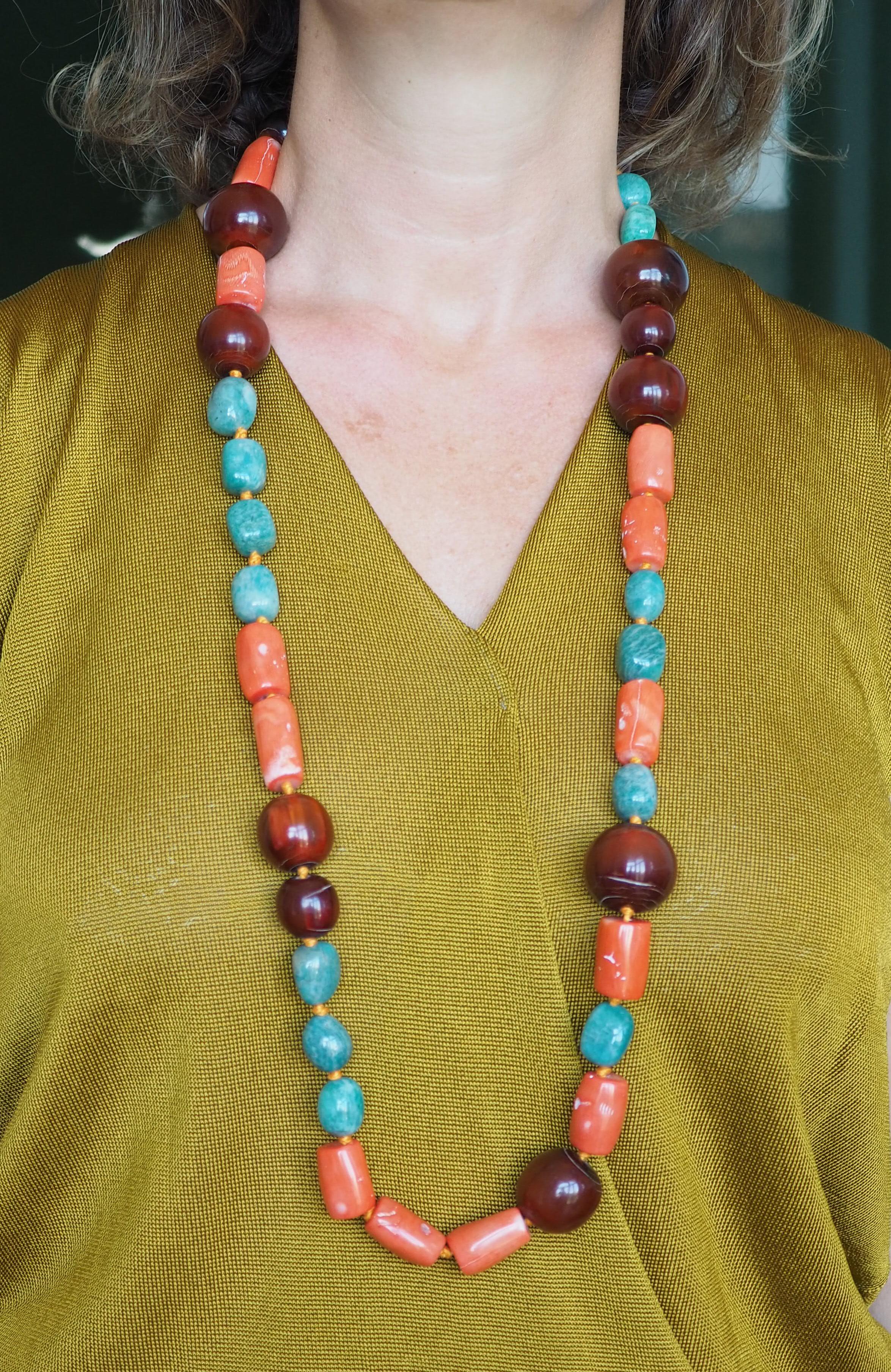 Bead Necklace Coral Amazonite Desert Amber For Sale