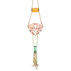 Necklace Dangle Morganite Beryl Tourmaline Sapphire 18K Yellow Gold For Her