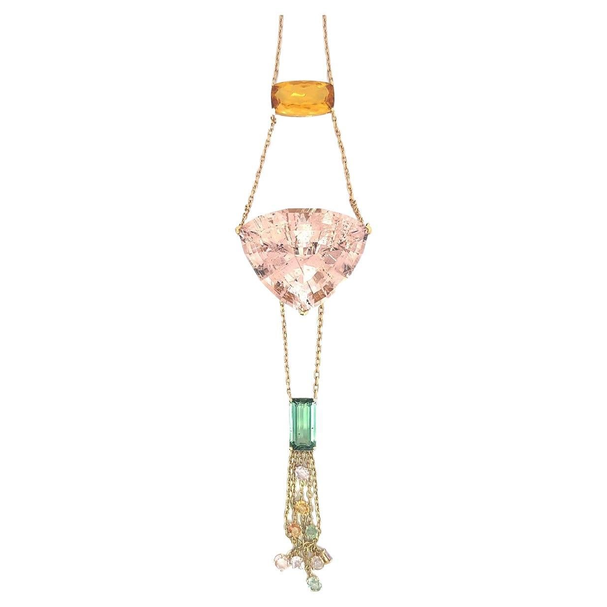 Necklace Dangle Morganite Beryl Tourmaline Sapphire 18K Yellow Gold For Her