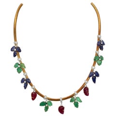 Necklace Diamonds Carved Emeralds, Rubies, Sapphires 18 Karat Gold
