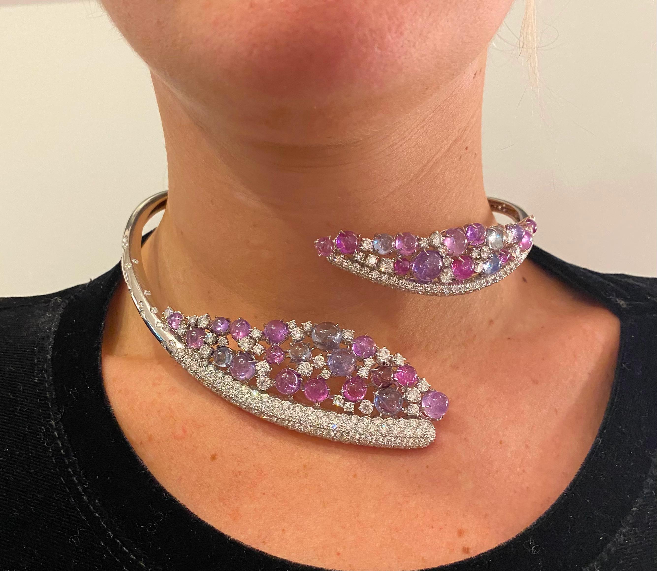 SCAVIA Diamanten Pavè Brillantschliff Blauer Saphir Halskette (Gemischter Schliff) im Angebot