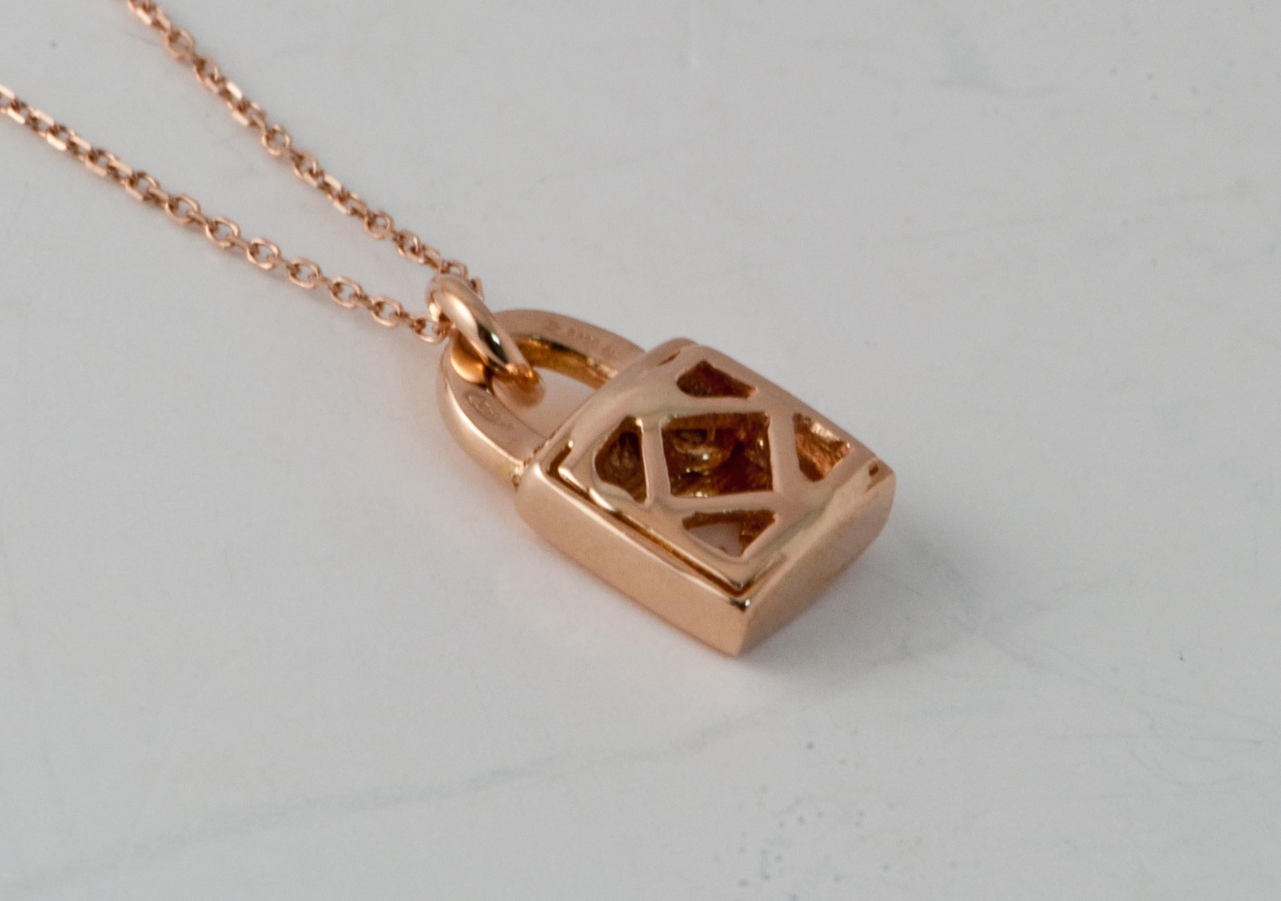 Brilliant Cut Necklace Diamonds Shape Padlock Pendant Pink Gold 18 Karat For Sale