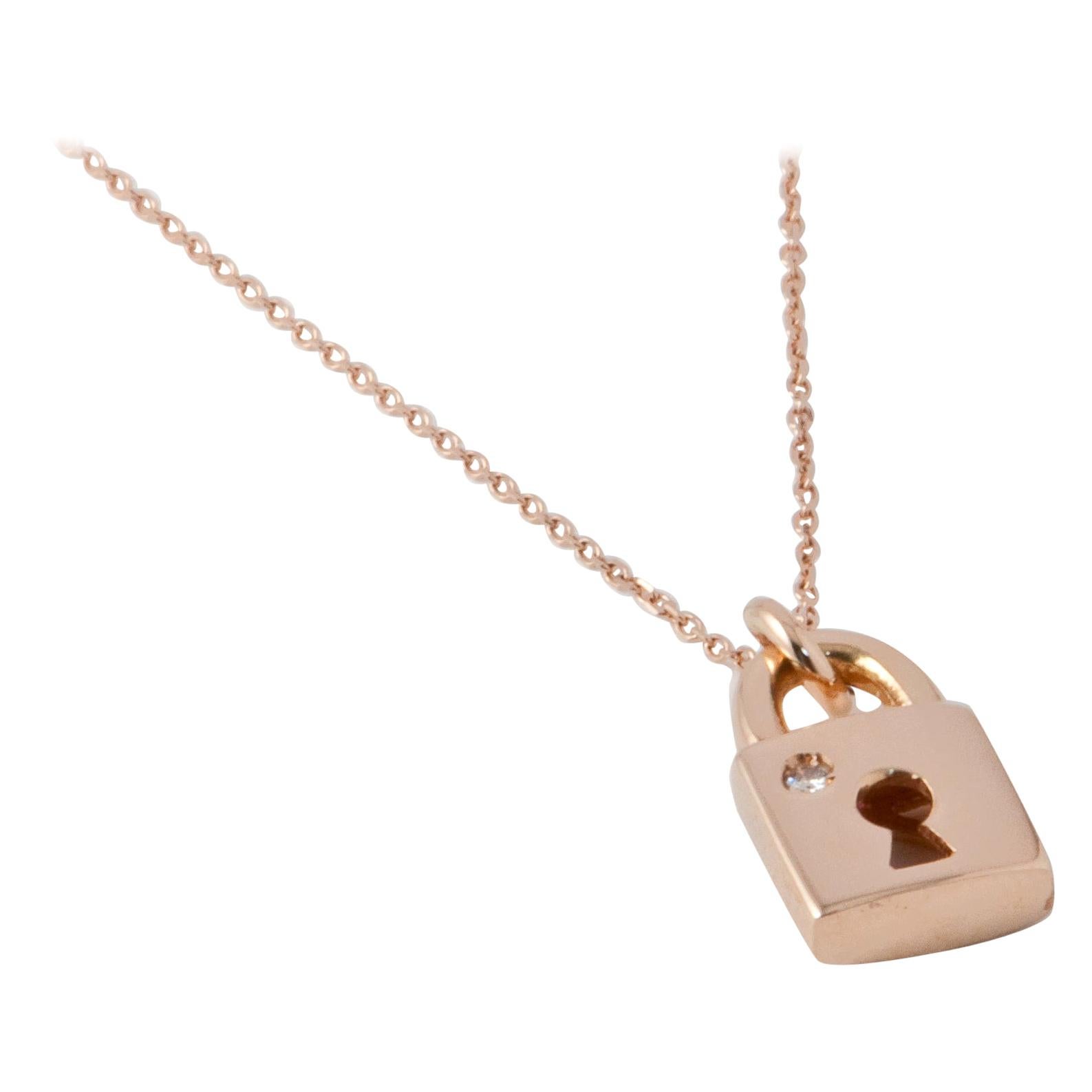 Necklace Diamonds Shape Padlock Pendant Pink Gold 18 Karat For Sale