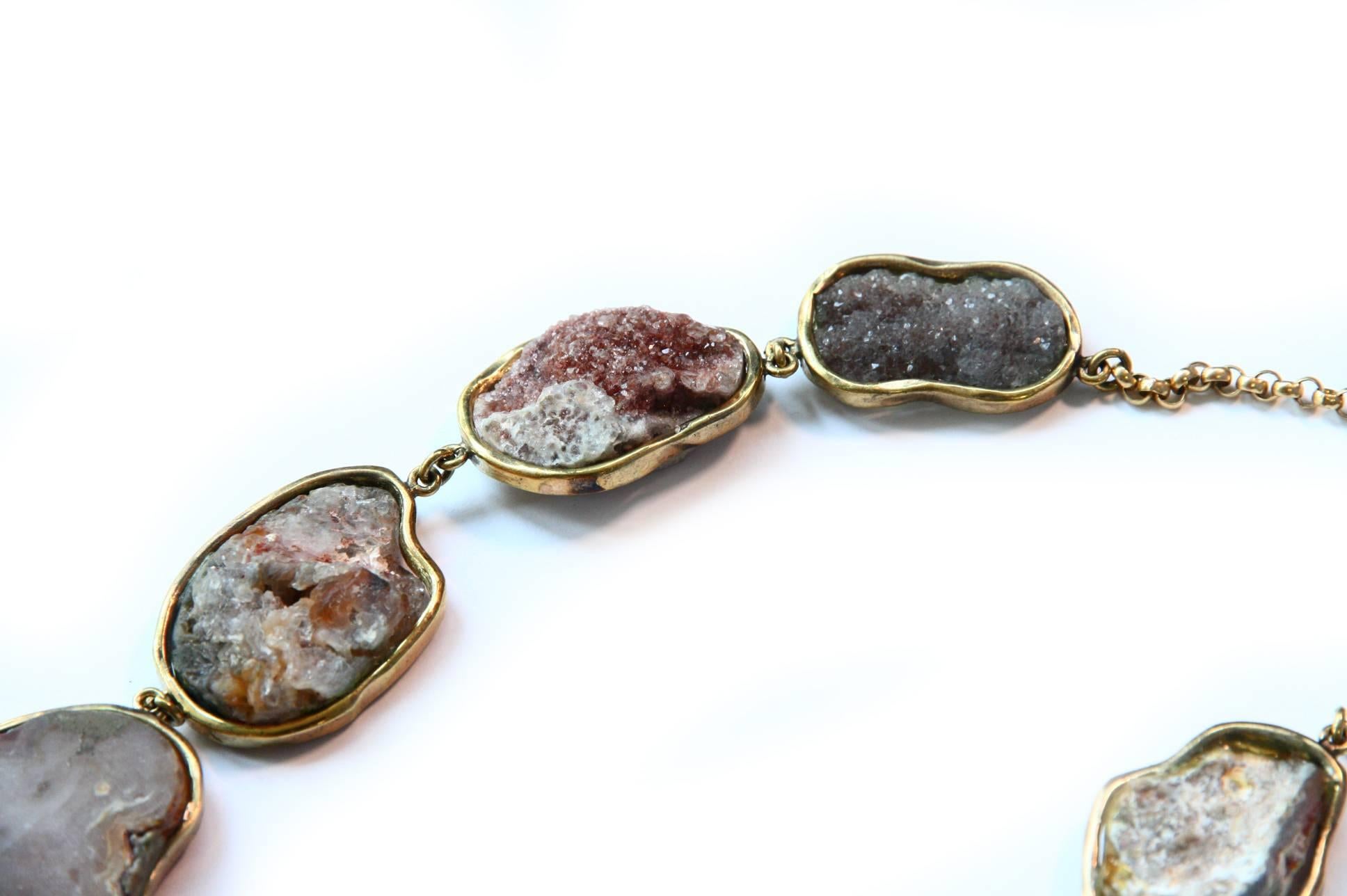 Necklace Druzy Crystal Natural Agate Bronze For Sale 2