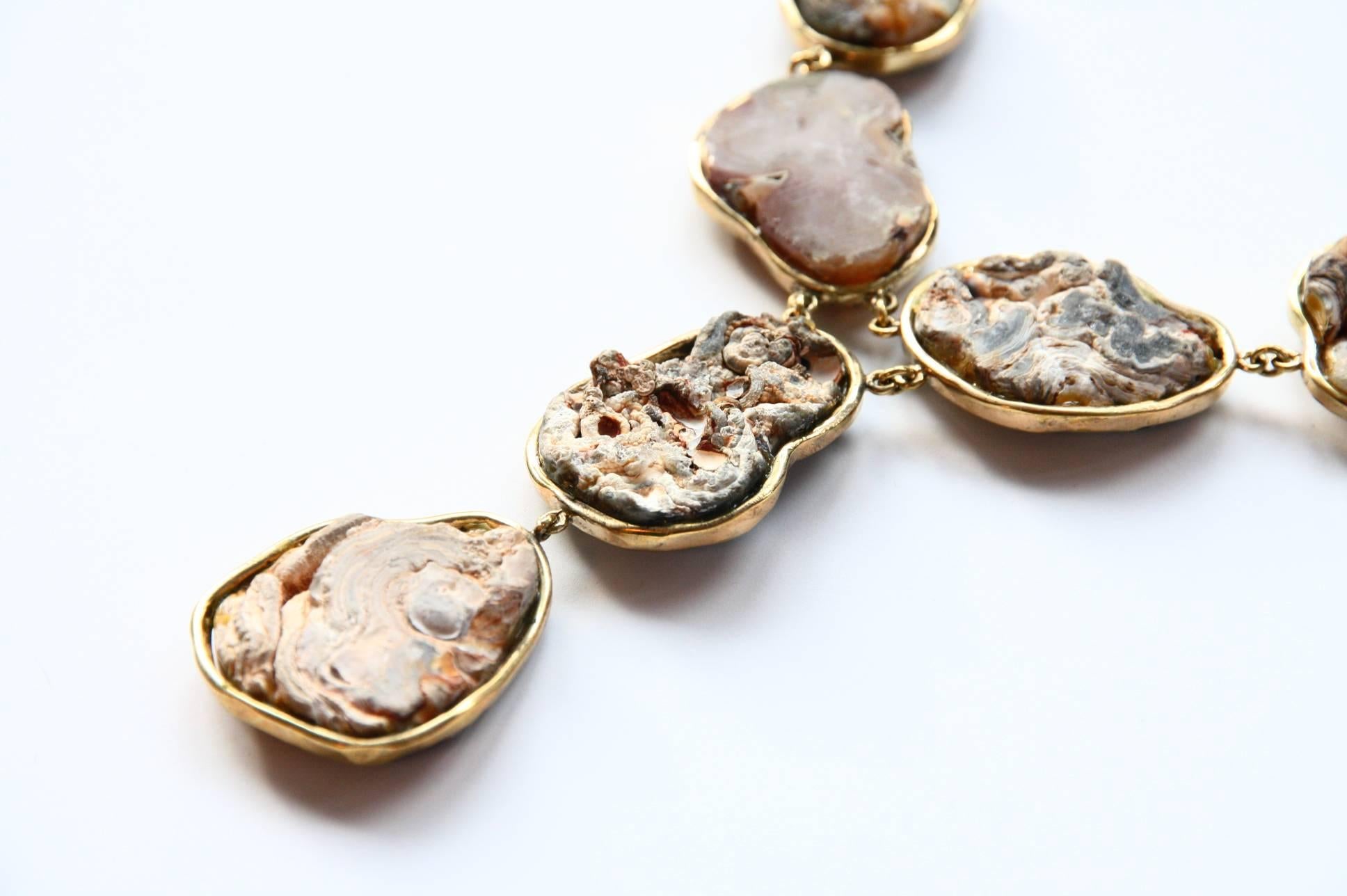 Artist Necklace Druzy Crystal Natural Agate Bronze For Sale