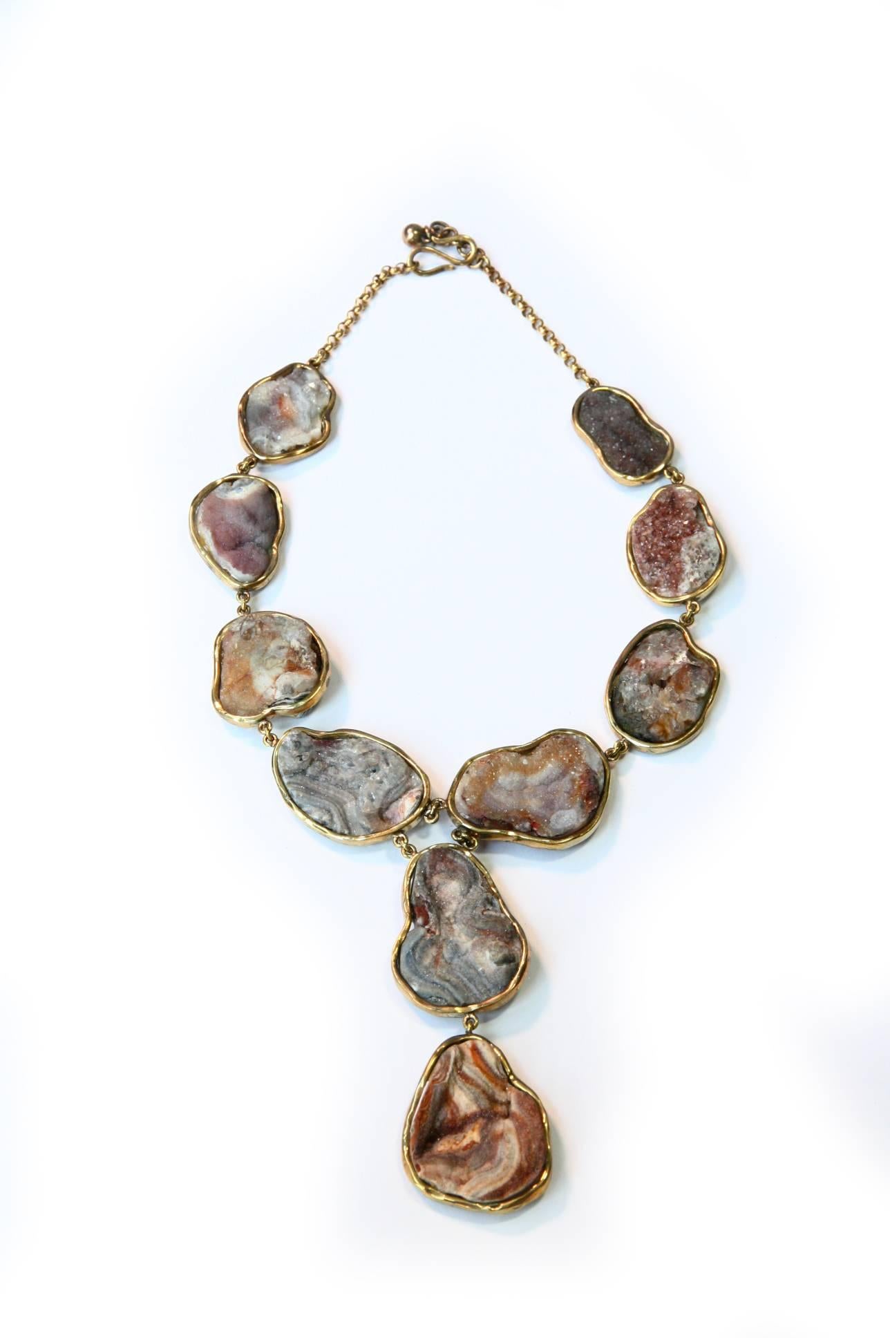 Necklace Druzy Crystal Natural Agate Bronze In New Condition For Sale In Milan, IT