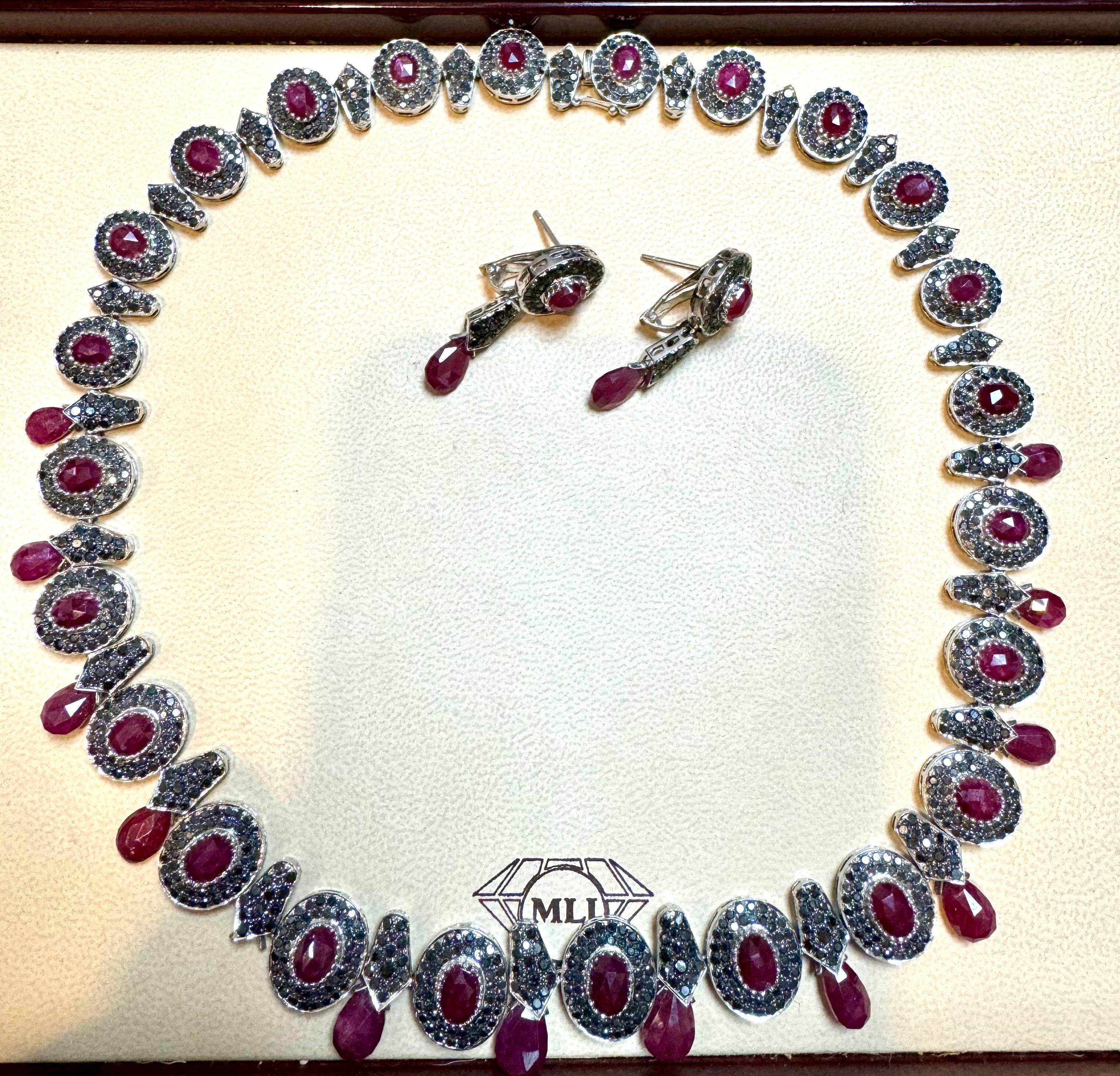 Necklace & Earring Suite 35Ct Natural Ruby No Heat & Black & White Diamond 18KWG For Sale 5