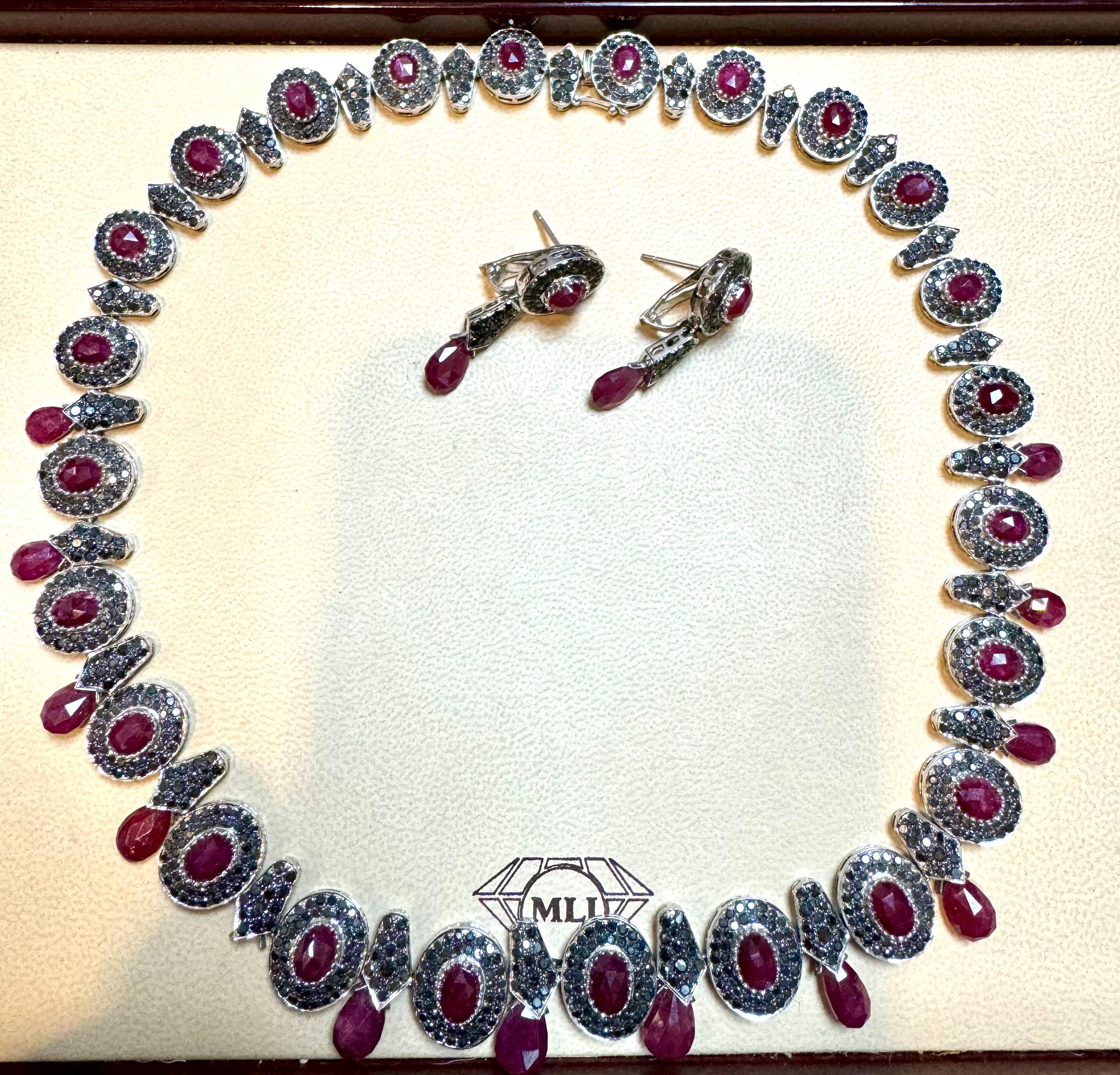 Halskette & Ohrring Suite 35Ct natürlicher Rubin unbehandelt & schwarz-weißer Diamant 18KWG 5