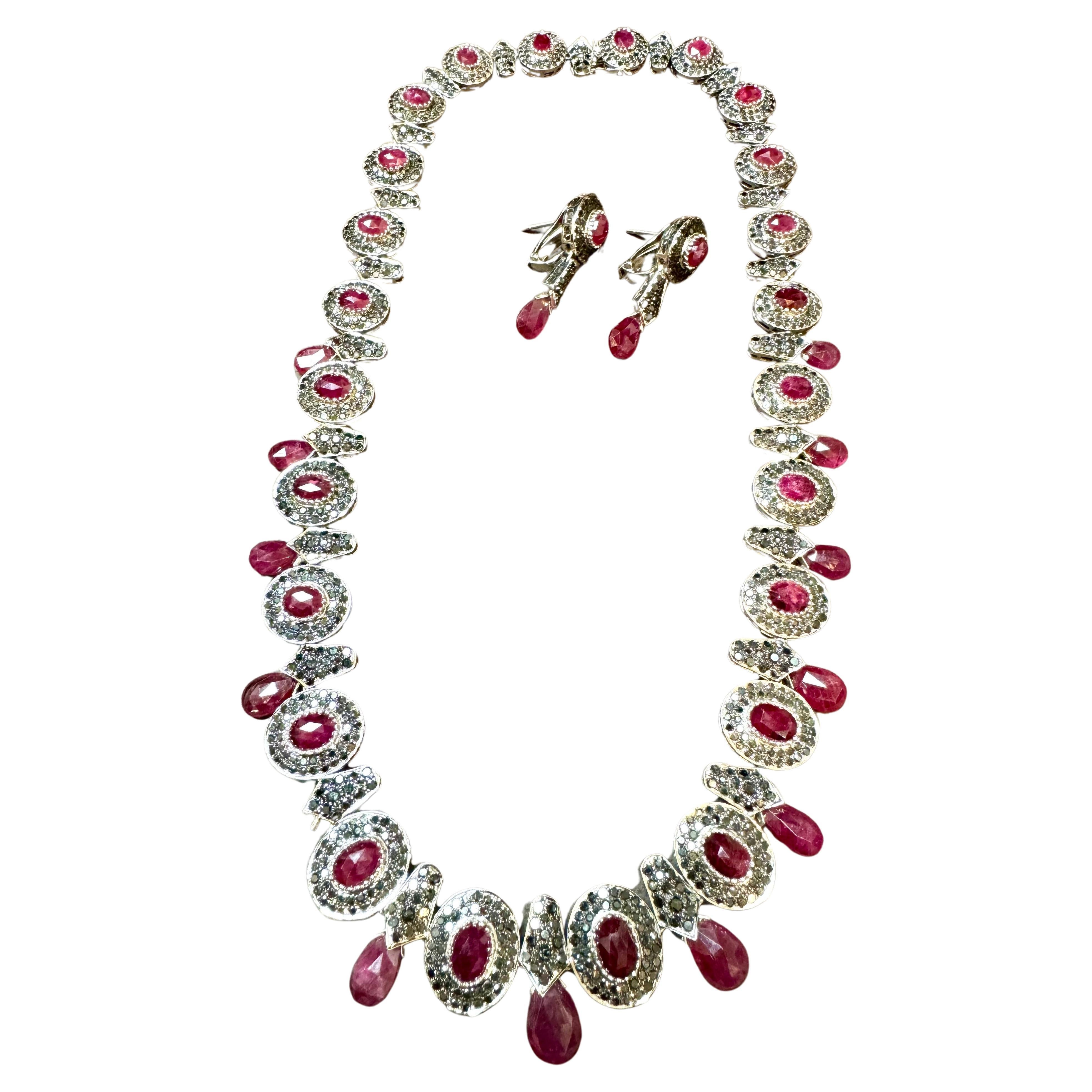 Oval Cut Necklace & Earring Suite 35Ct Natural Ruby No Heat & Black & White Diamond 18KWG For Sale