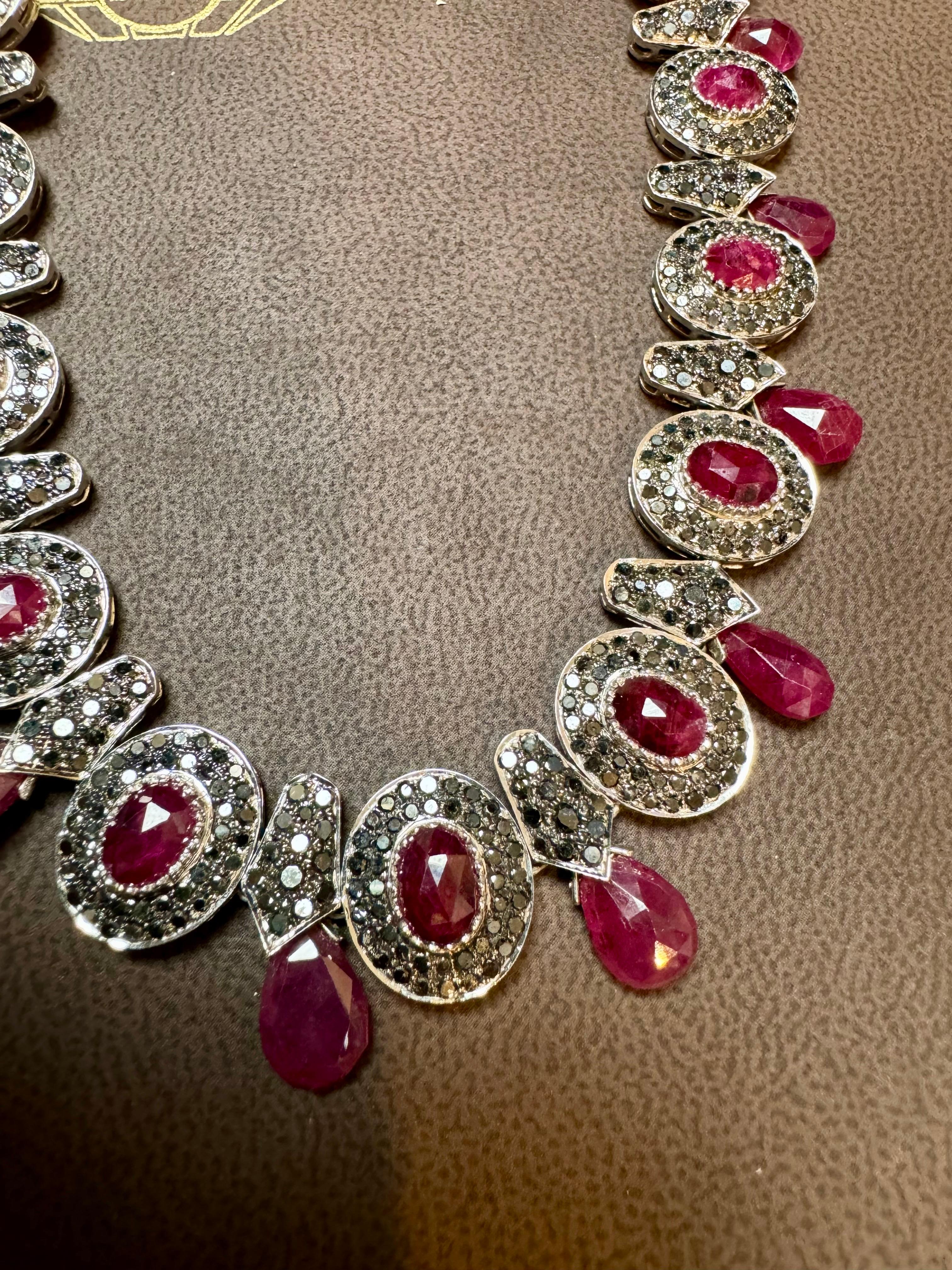 Necklace & Earring Suite 35Ct Natural Ruby No Heat & Black & White Diamond 18KWG For Sale 1