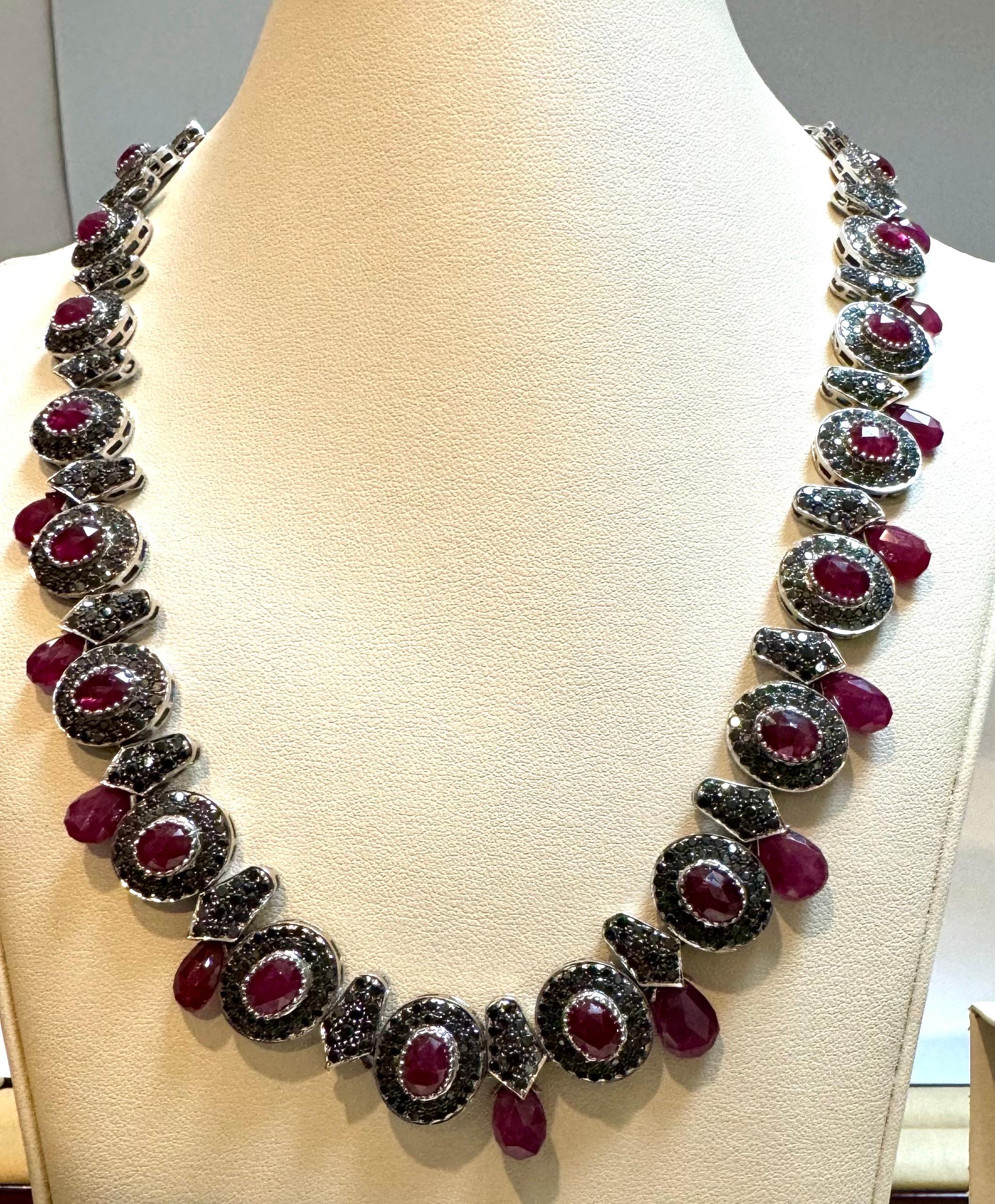 Necklace & Earring Suite 35Ct Natural Ruby No Heat & Black & White Diamond 18KWG For Sale 2