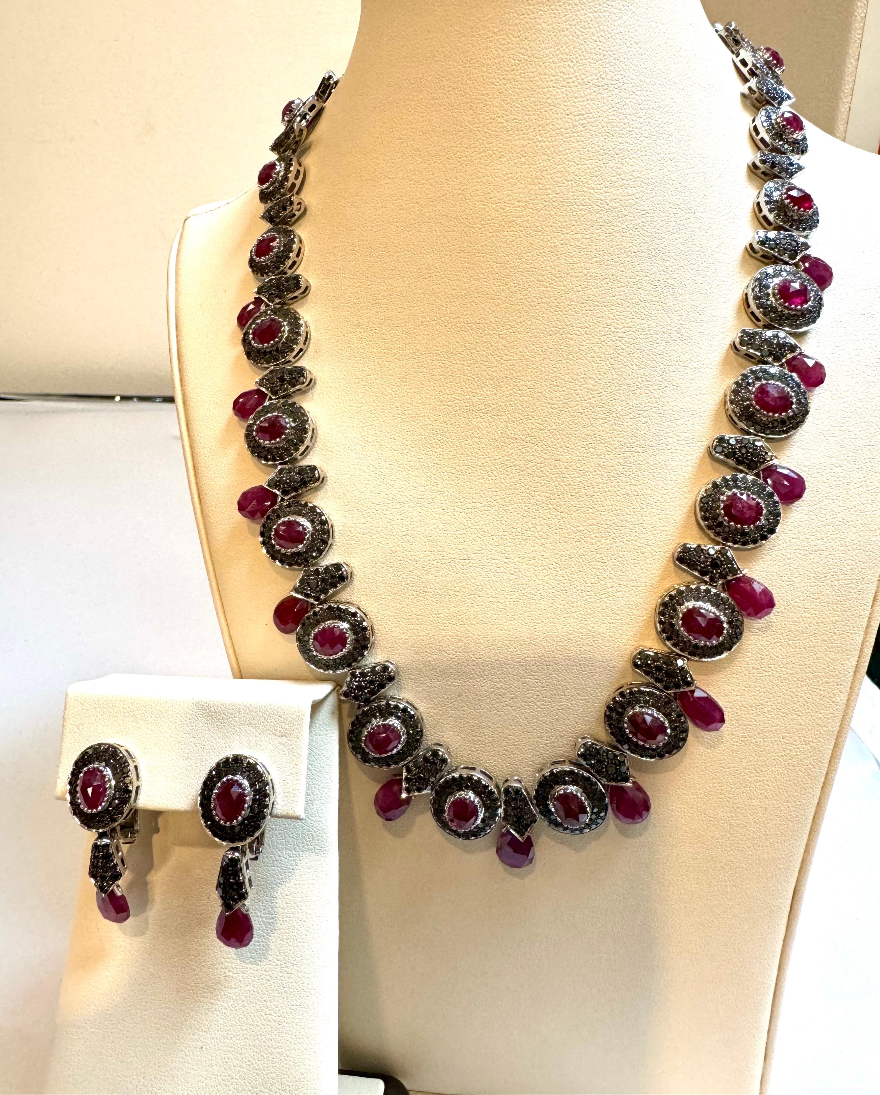 Necklace & Earring Suite 35Ct Natural Ruby No Heat & Black & White Diamond 18KWG For Sale 4