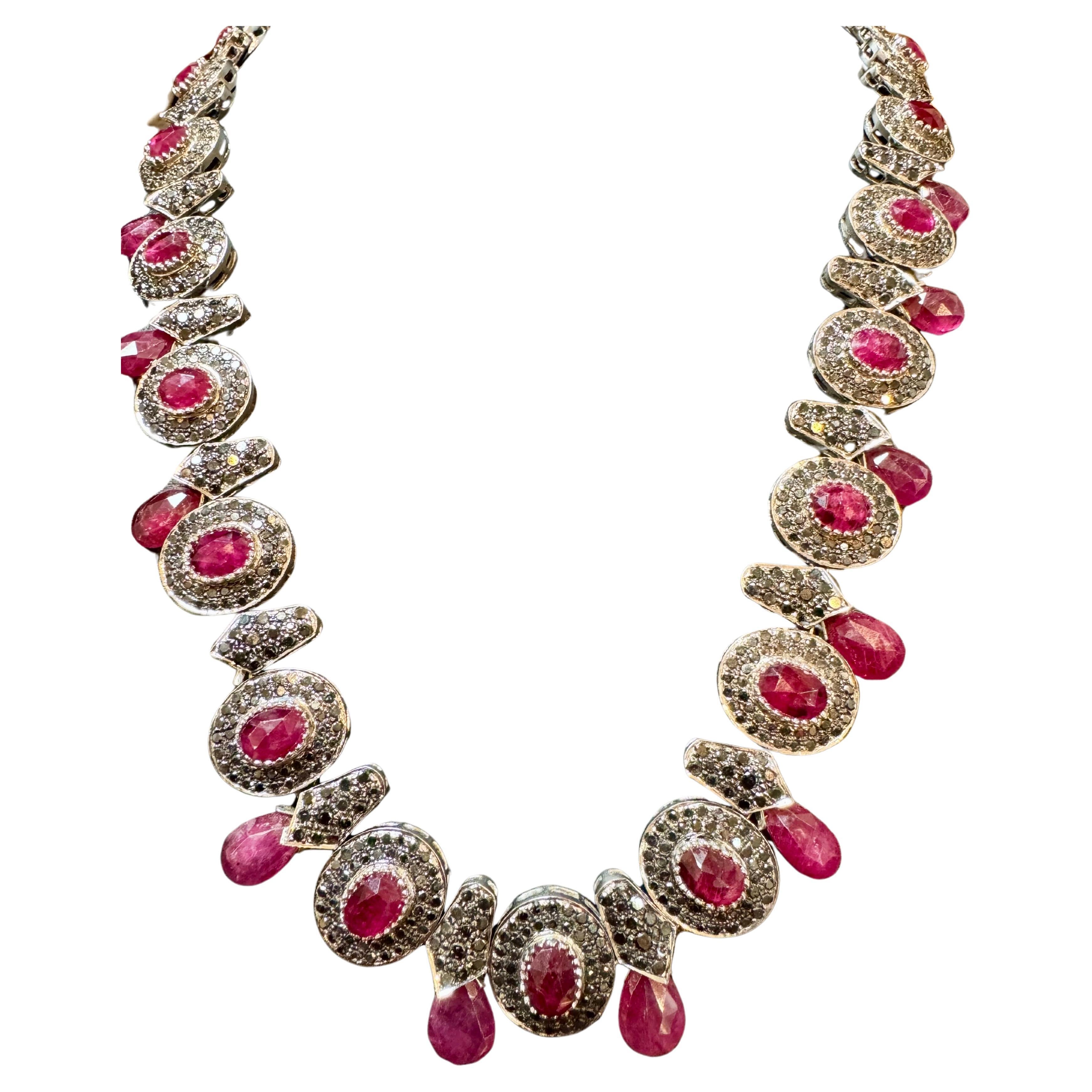 Necklace & Earring Suite 35Ct Natural Ruby No Heat & Black & White Diamond 18KWG