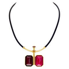 Necklace & Earrings Set, on a Black Cord with Colorful Beveled Red Emerald Cut