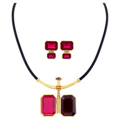Necklace 
Earrings Set, on a Black Cord with Colorful Beveled Red Emerald Cut