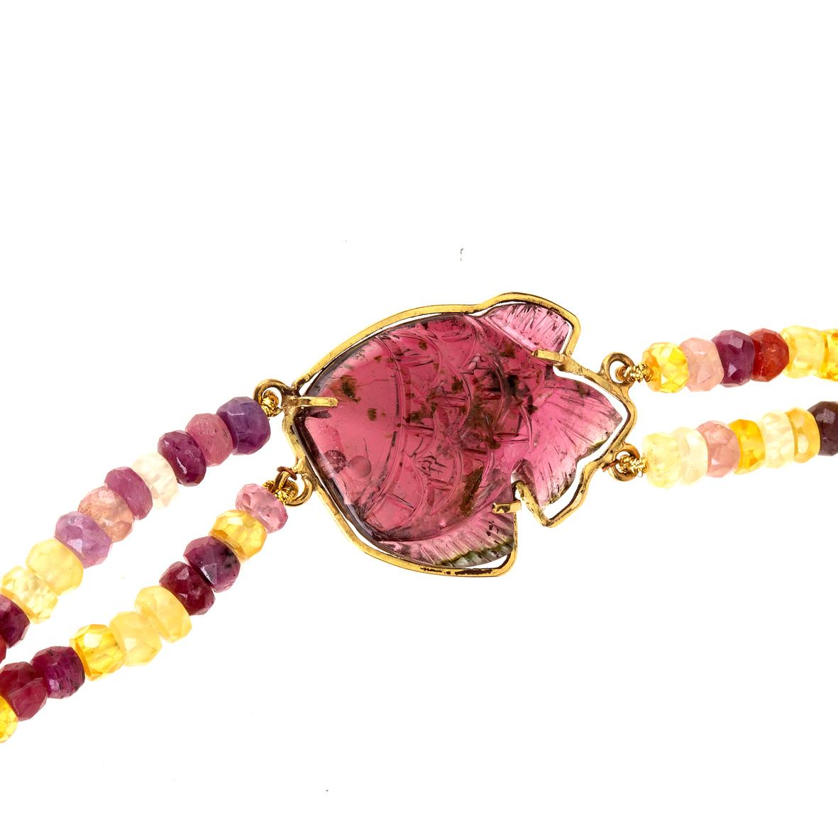 Necklace faced tourmaline pink and yellow gold fish  in carved tourmaline  pink color ct 14,50,  18kt gold gr. 12,00.
All Giulia Colussi jewelry is new and has never been previously owned or worn. Each item will arrive at your door beautifully gift