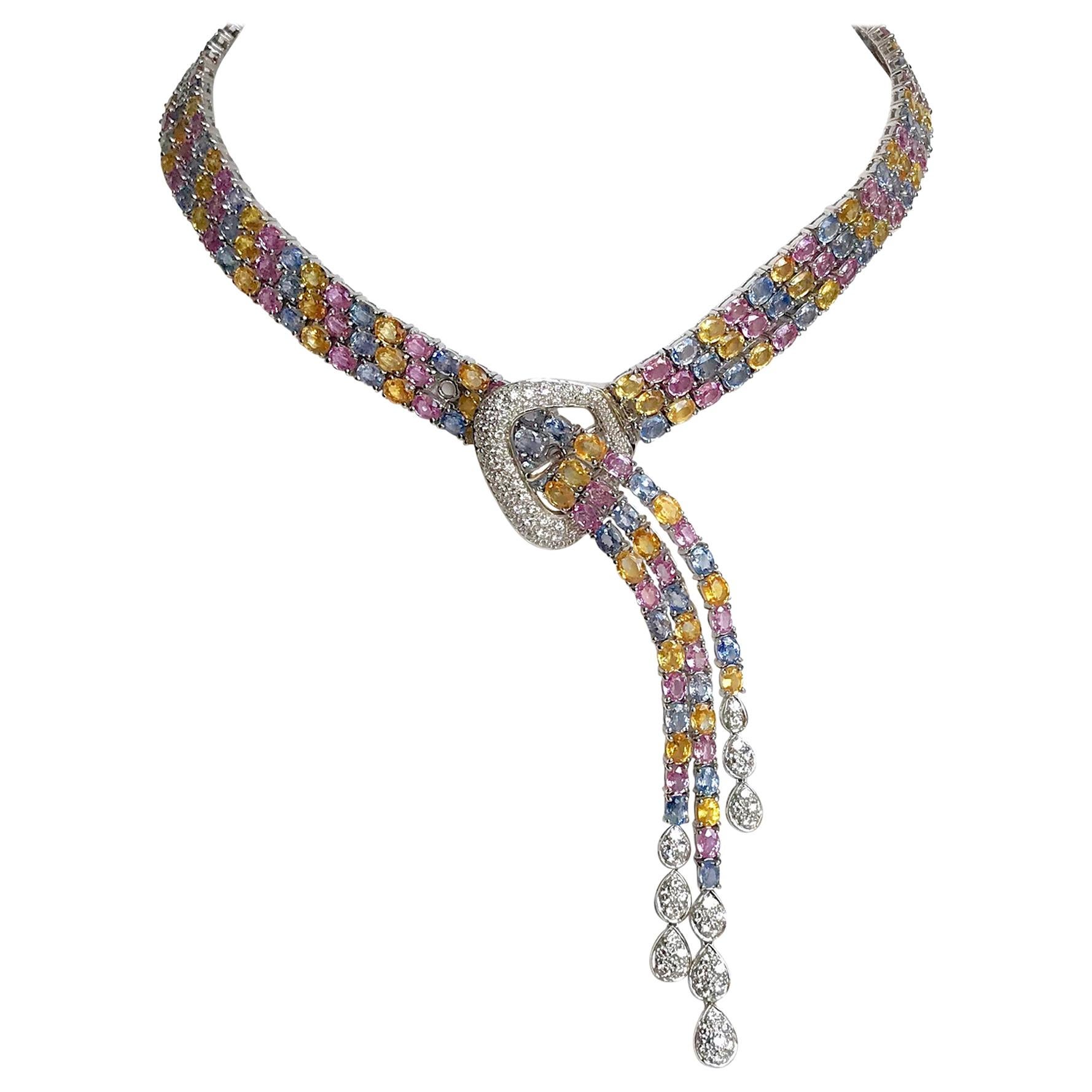 Necklace Flexible Belt in 18 Carat White Gold 80 Carat of Multi-Color Sapphires