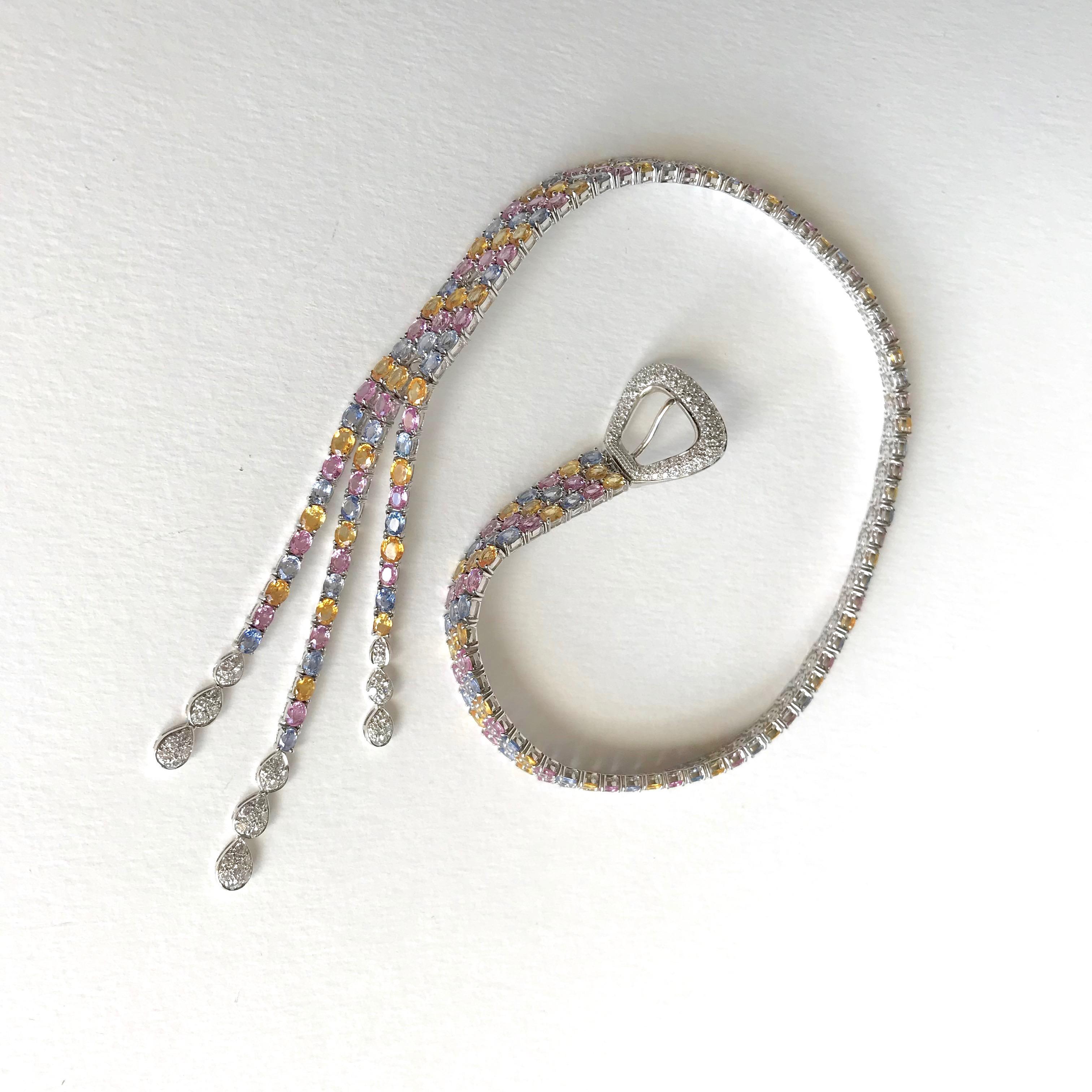 Necklace Flexible Belt in 18 Carat White Gold 80 Carat of Multi-Color Sapphires For Sale 3