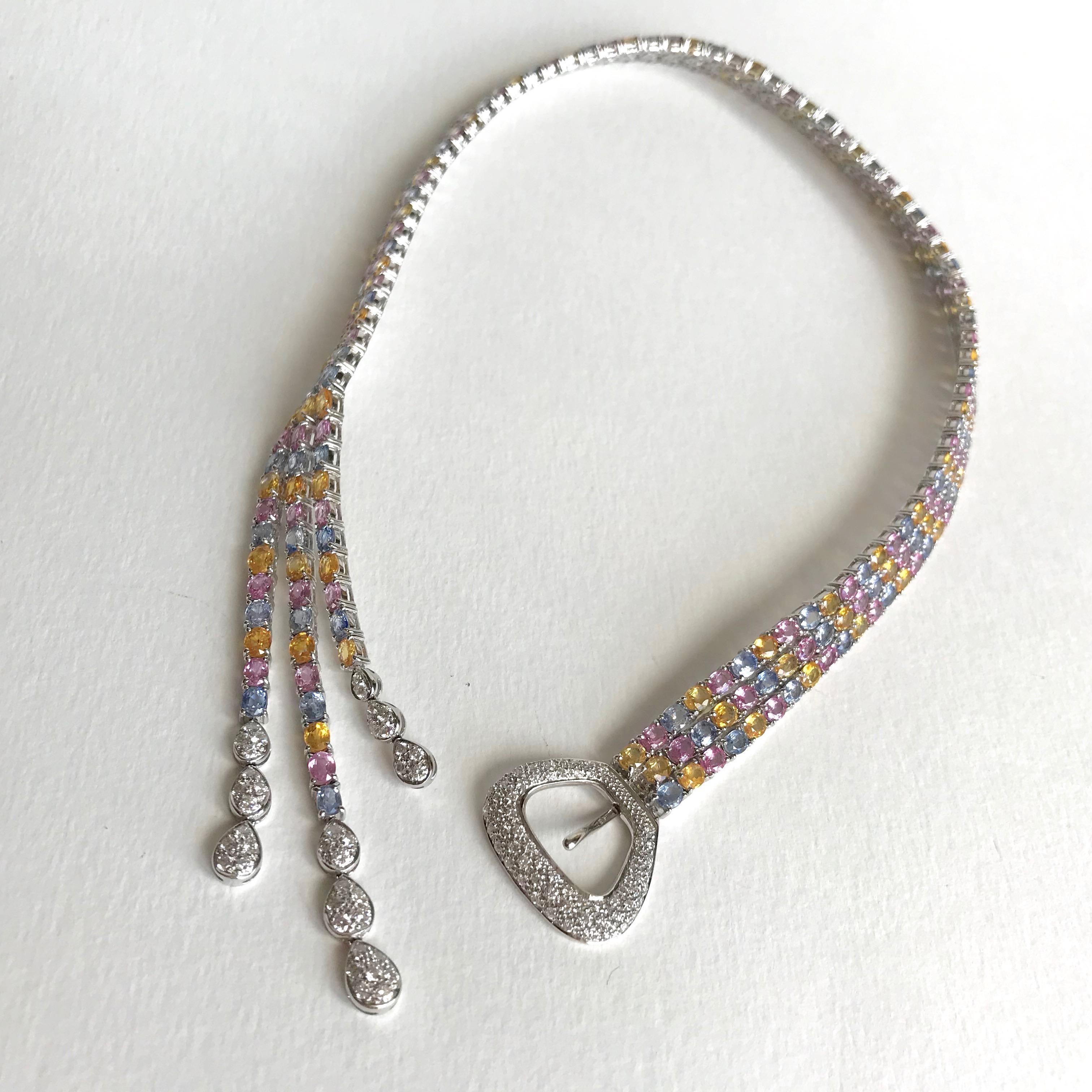 Necklace Flexible Belt in 18 Carat White Gold Multi-Color Sapphires for 80 kt in vendita 5