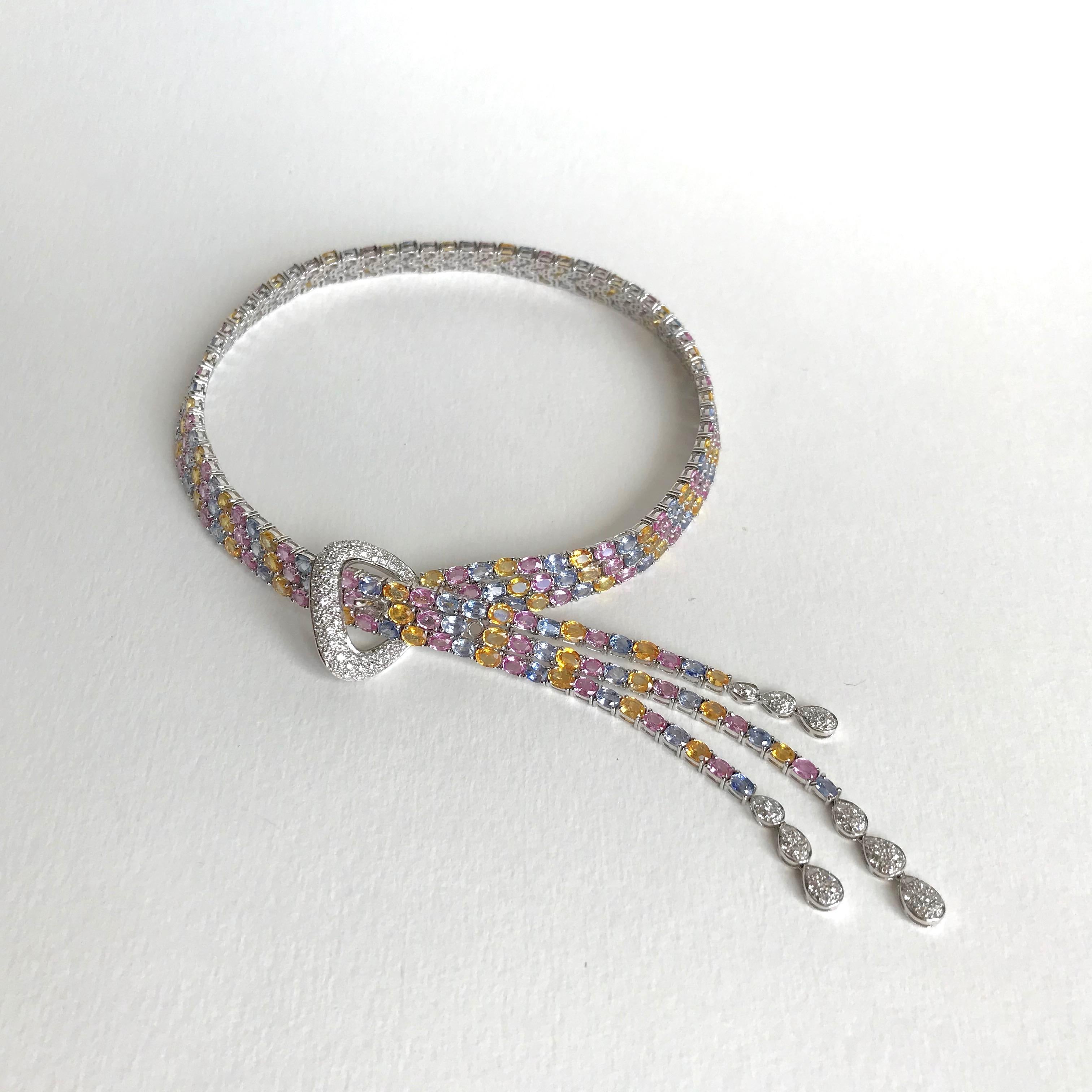 Necklace Flexible Belt in 18 Carat White Gold Multi-Color Sapphires for 80 kt in vendita 6