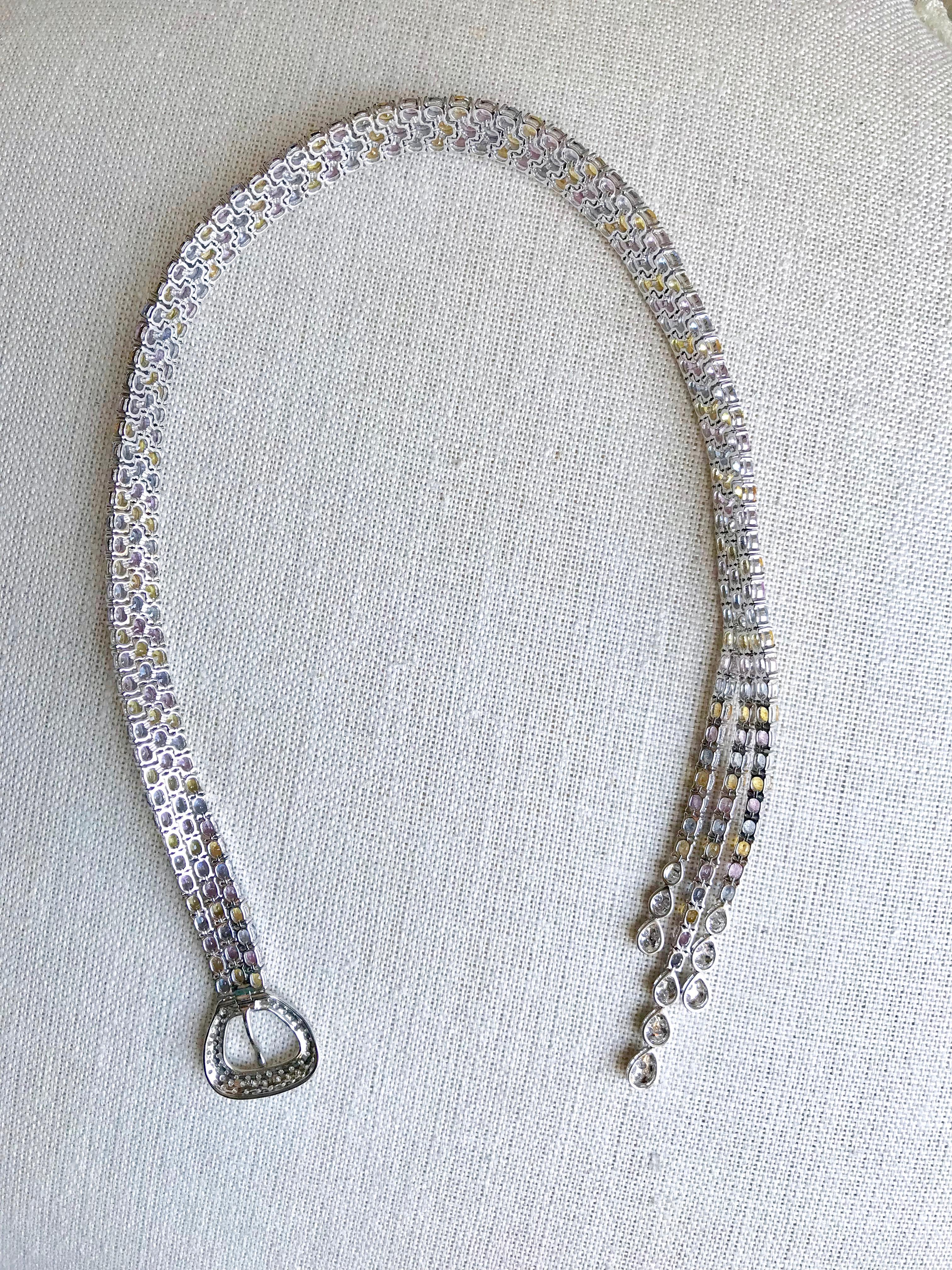 Necklace Flexible Belt in 18 Carat White Gold Multi-Color Sapphires for 80 kt in vendita 7