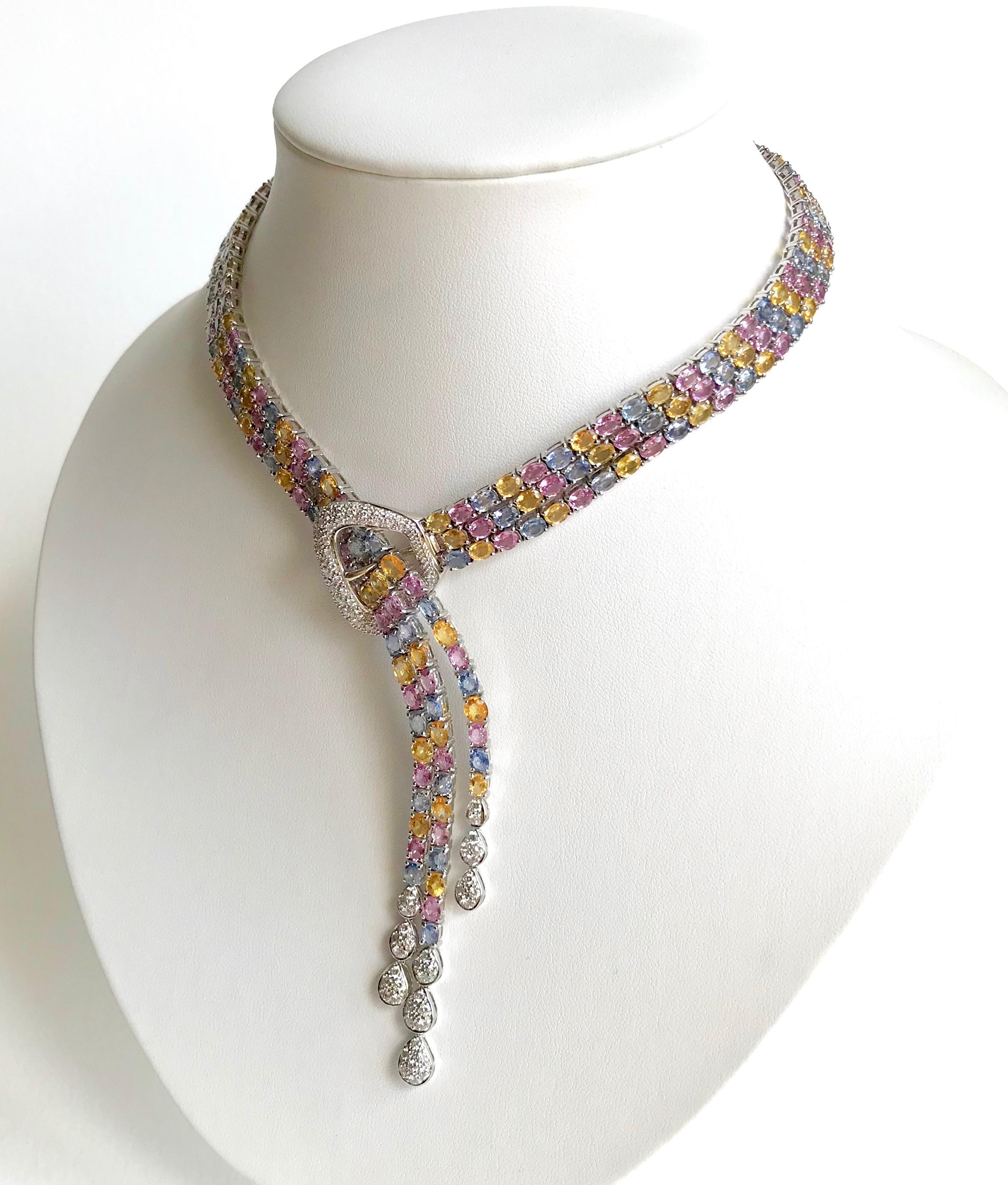 Necklace Flexible Belt in 18 Carat White Gold Multi-Color Sapphires for 80 kt in vendita 1