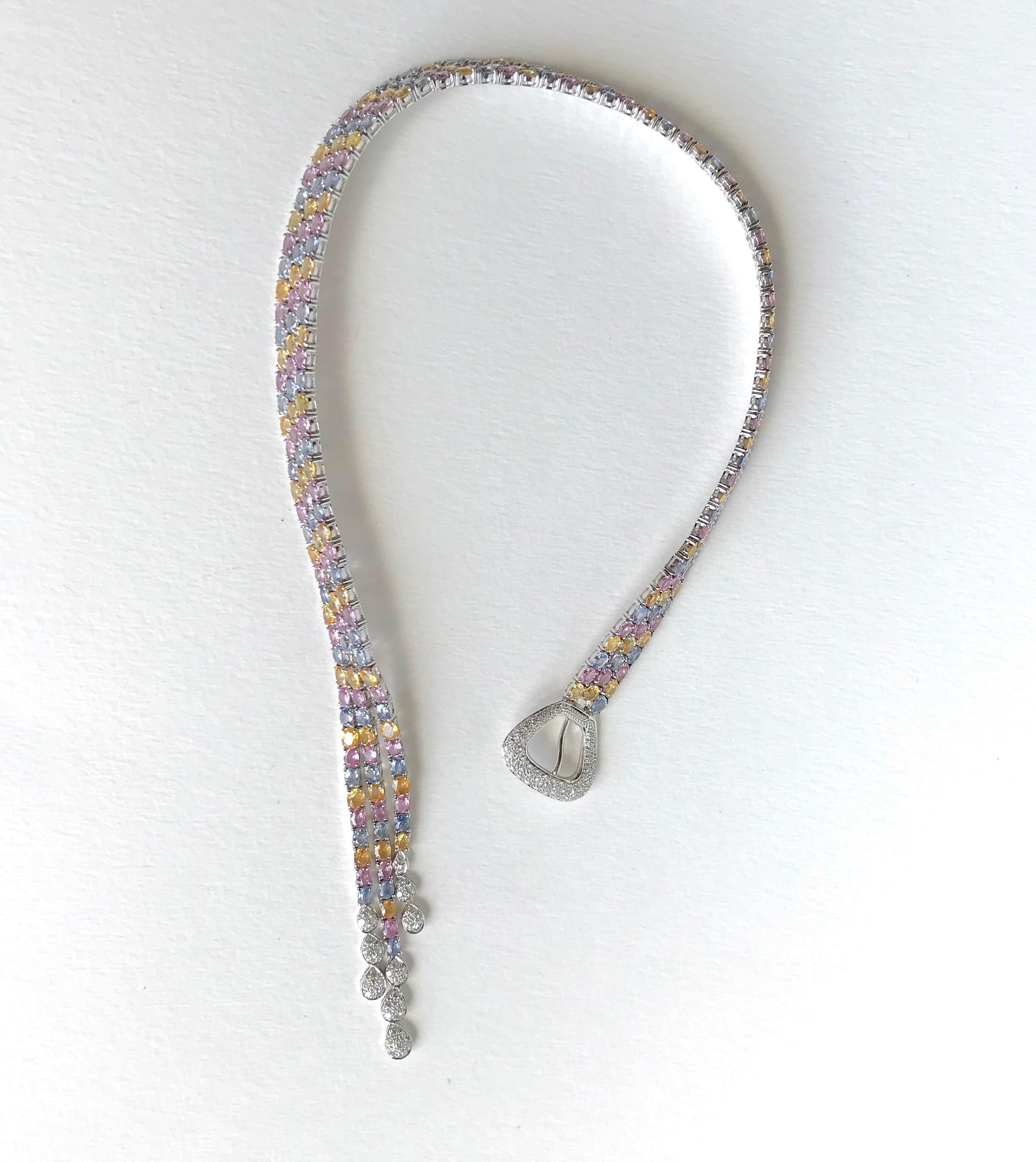 Necklace Flexible Belt in 18 Carat White Gold Multi-Color Sapphires for 80 kt in vendita 3