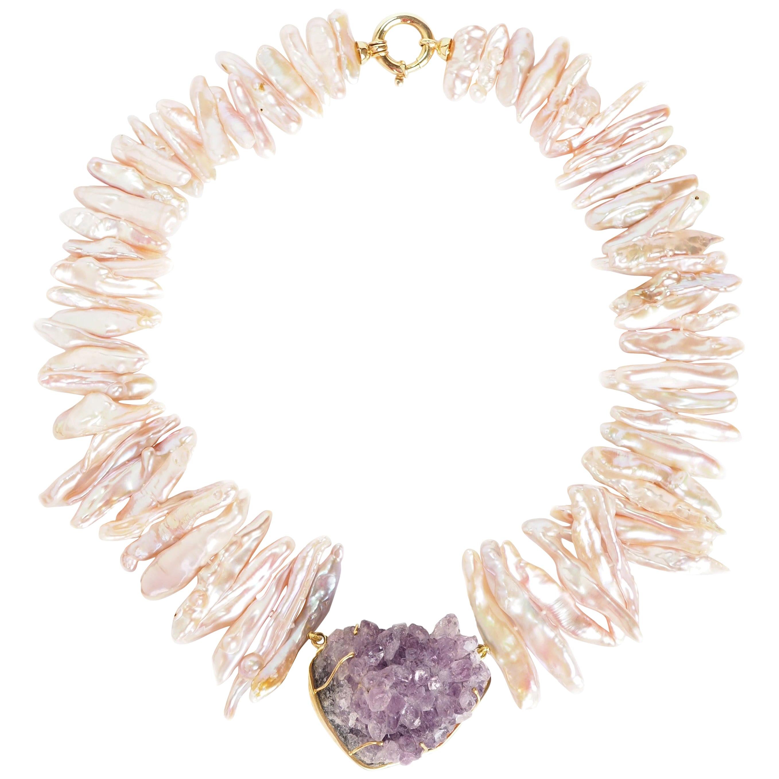 Necklace Gold Biwa Pearls Natural Crystal Amethyst For Sale