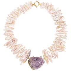 Necklace Gold Biwa Pearls Natural Crystal Amethyst