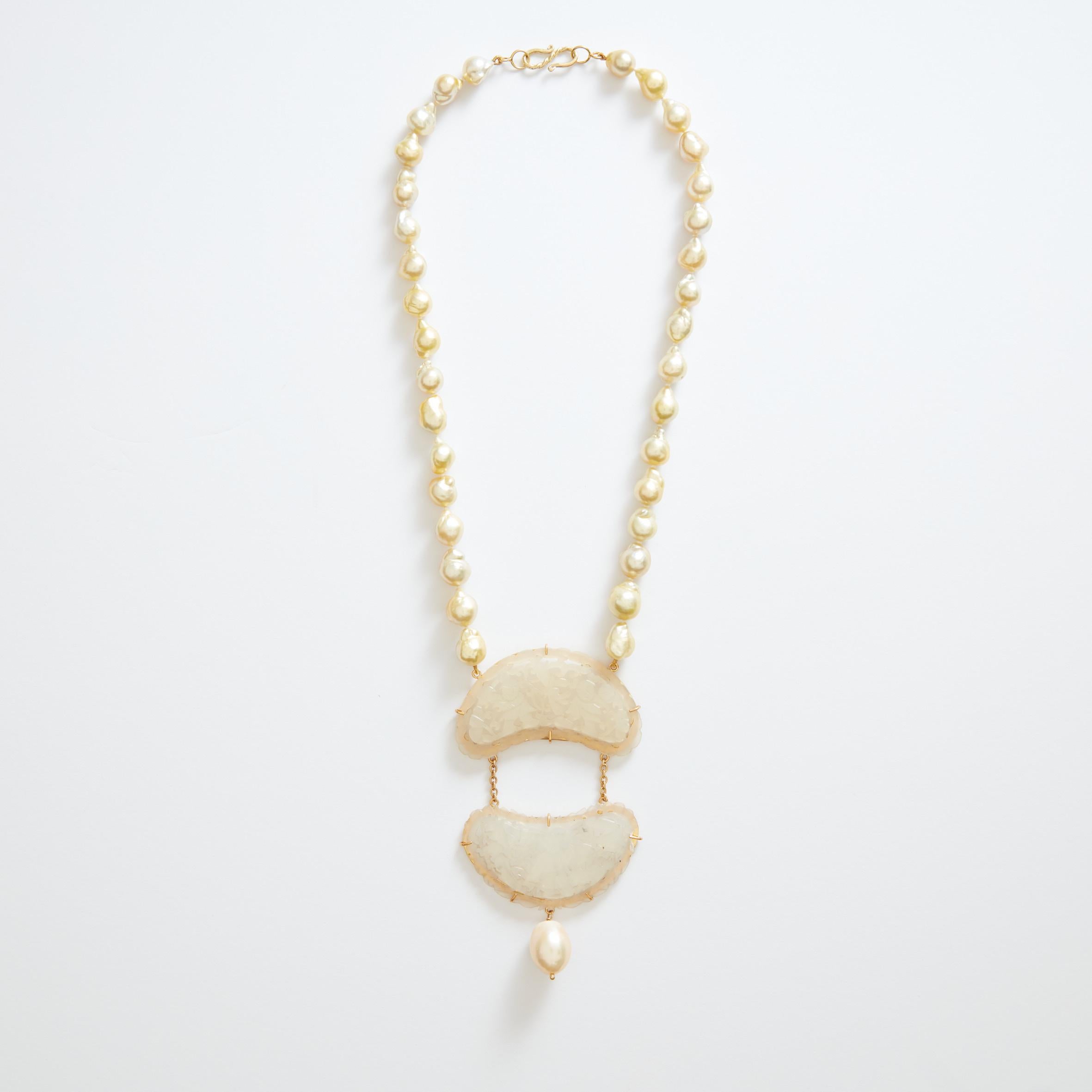 Necklace Gold Natural Pearls Antiques Carved Jade Gold 18 k In New Condition For Sale In Milan, IT