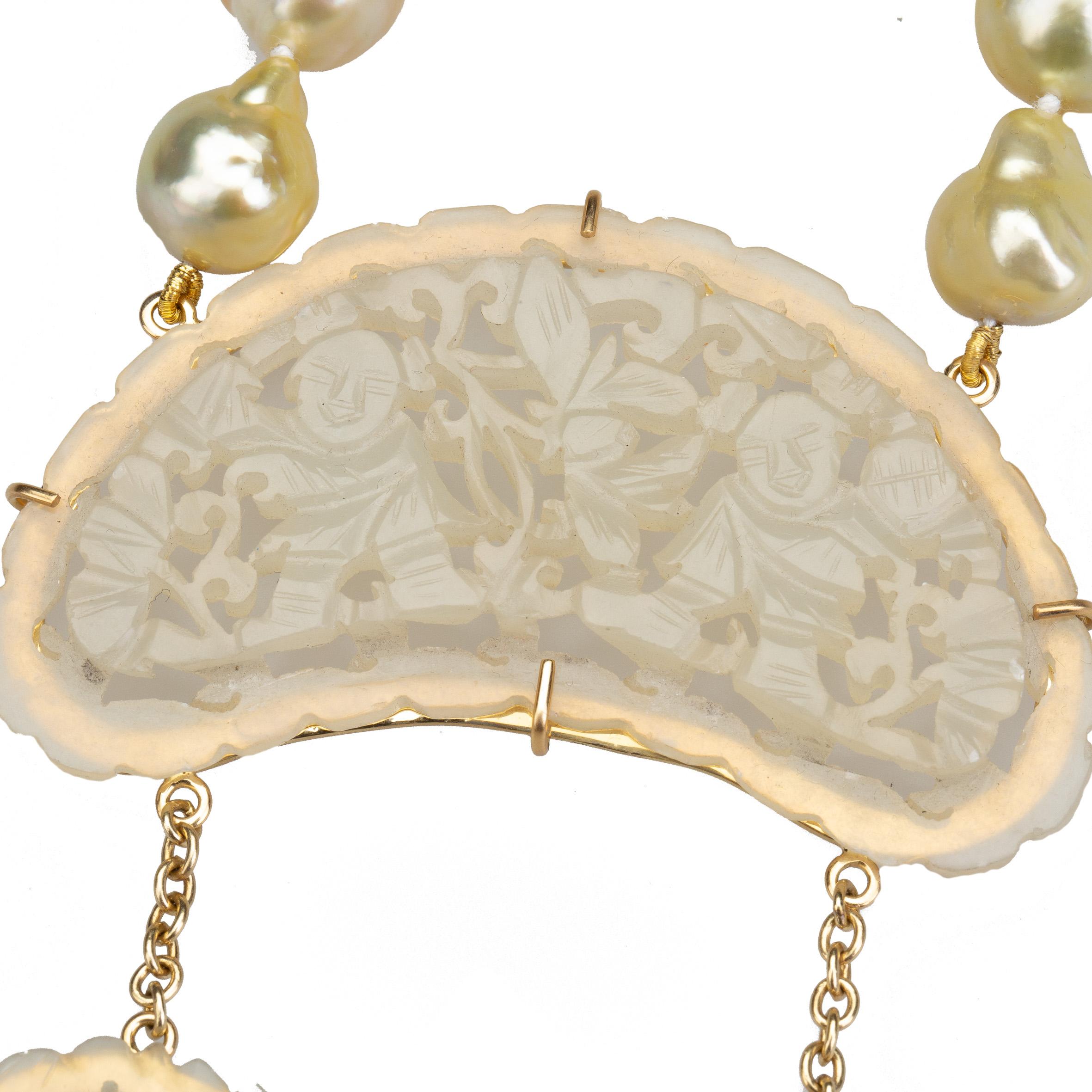 Necklace Gold Natural Pearls Antiques Carved Jade Gold 18 k For Sale 6