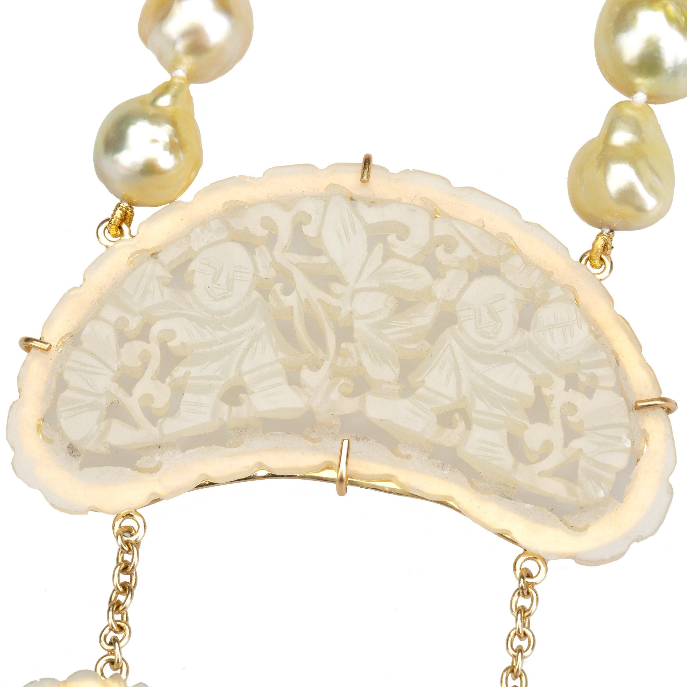 Necklace Gold Natural Pearls Antiques Carved Jade Gold 18 k For Sale 8