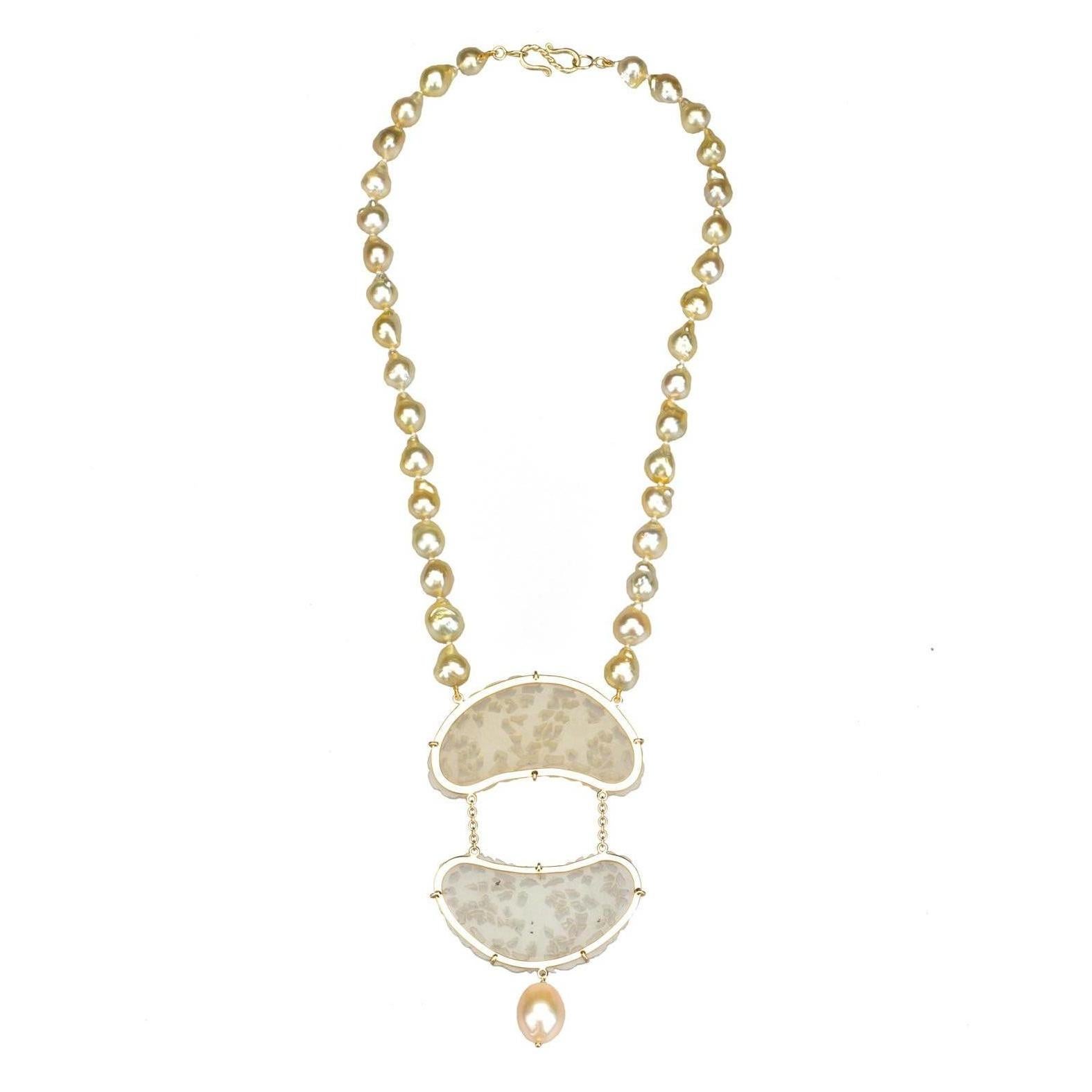Necklace Gold Natural Pearls Antiques Carved Jade Gold 18 k For Sale 2