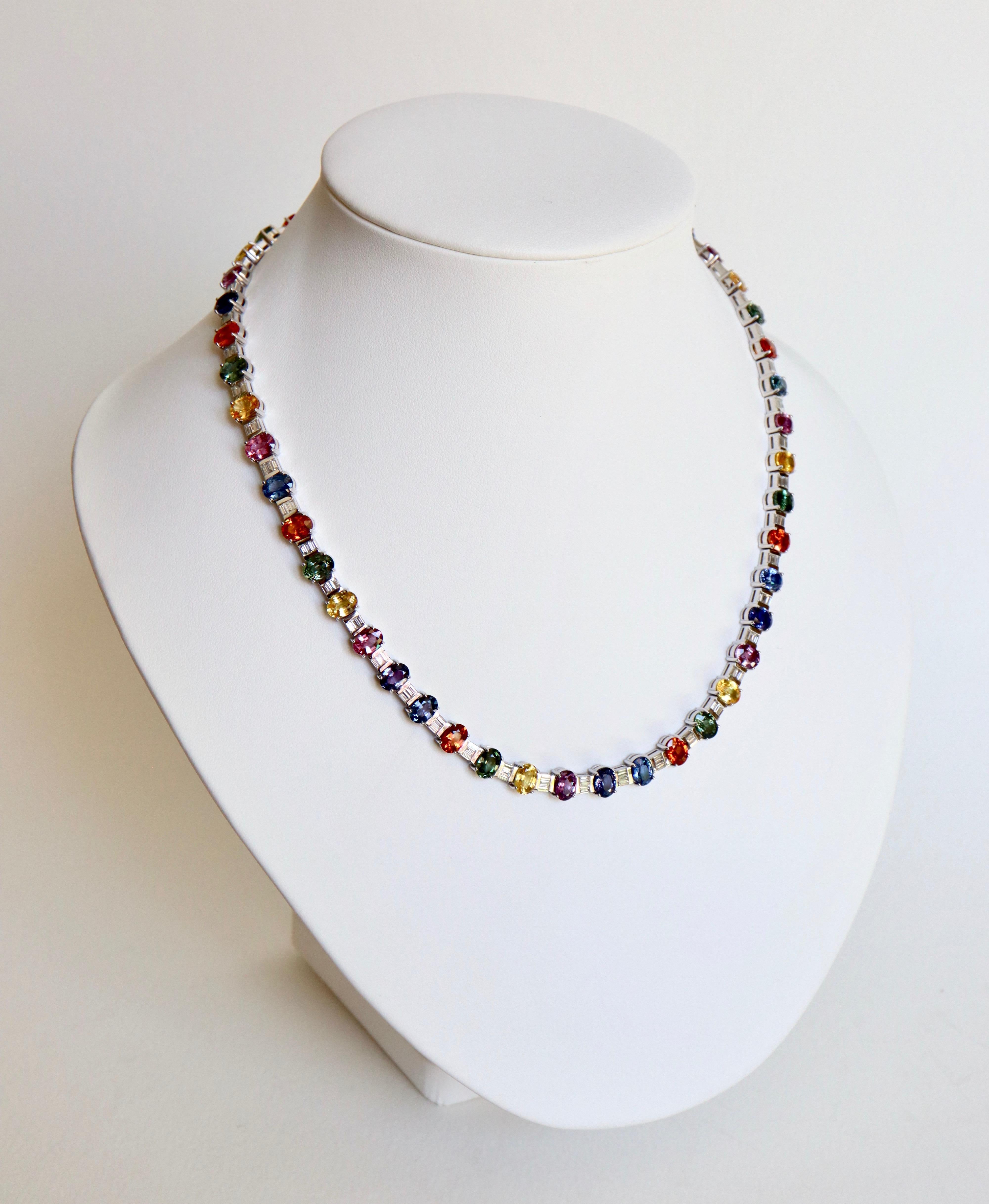 Necklace in 18 Carat White Gold 48 Multicolored Sapphires 53 Carat and Diamonds In Good Condition For Sale In Paris, FR