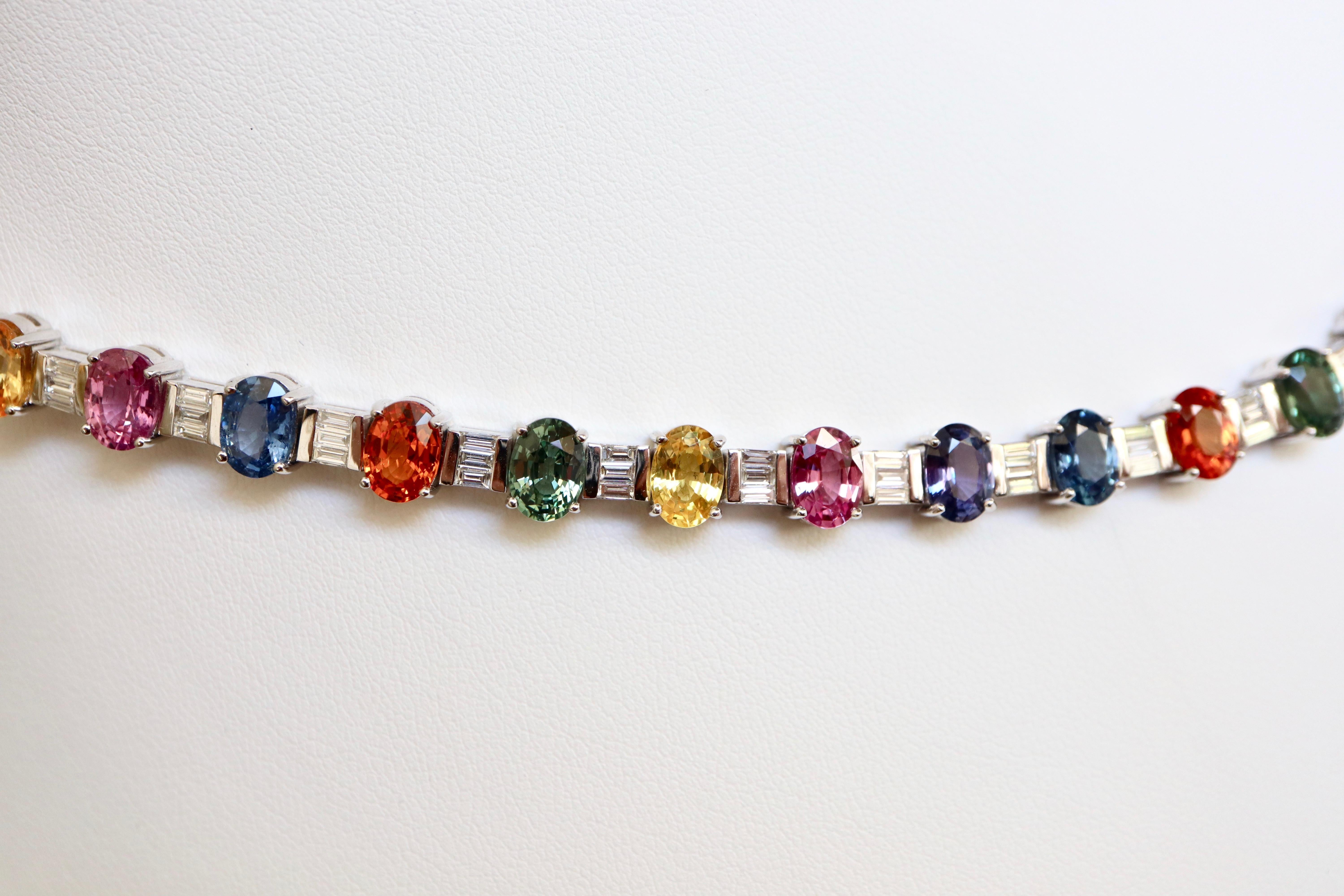 Women's or Men's Necklace in 18 Carat White Gold 48 Multicolored Sapphires 53 Carat and Diamonds For Sale