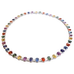 Vintage Necklace in 18 Carat White Gold 48 Multicolored Sapphires 53 Carat and Diamonds