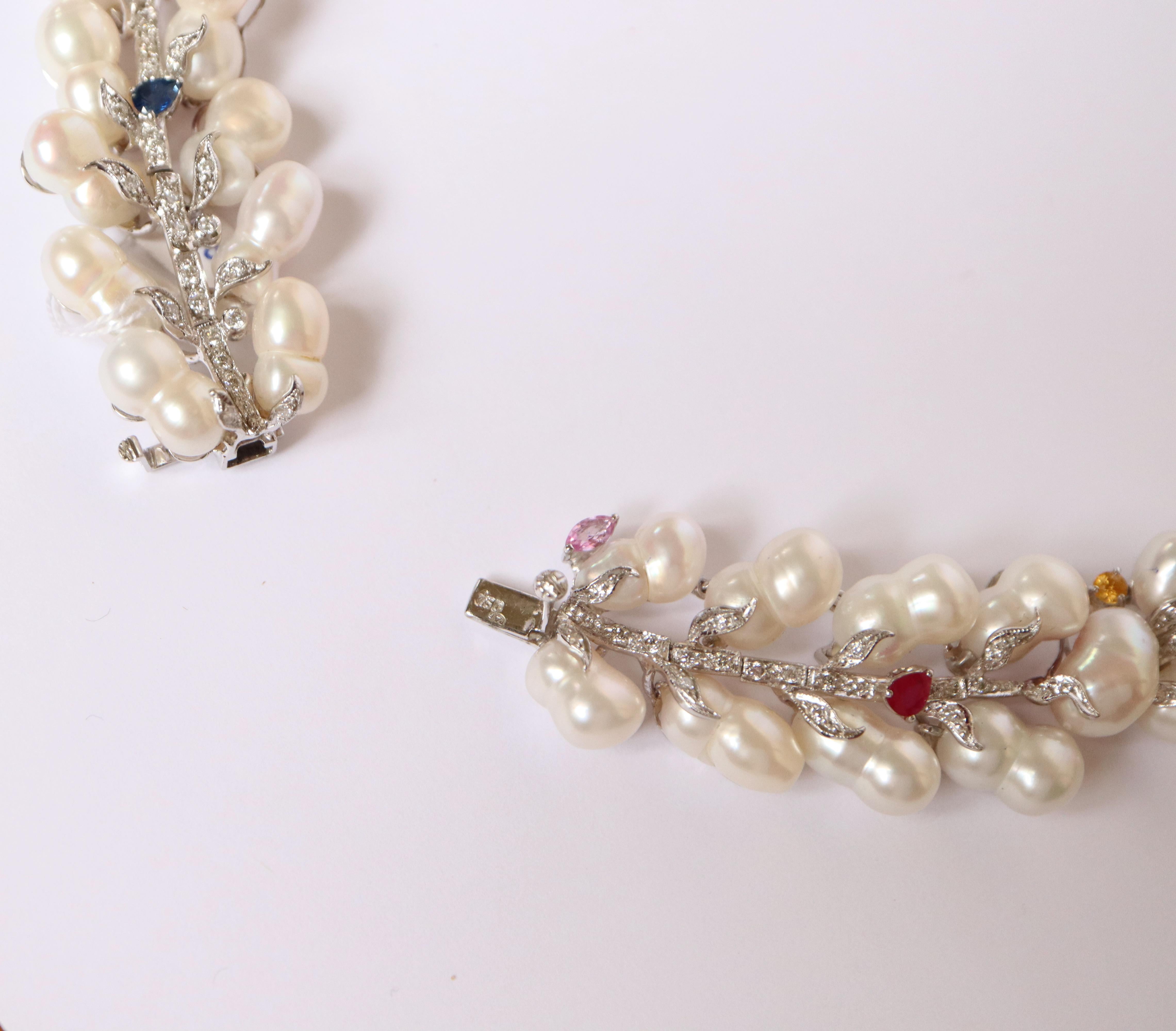Necklace in 18 Carat White Gold, Baroque Pearls, Diamonds Sapphires For Sale 5