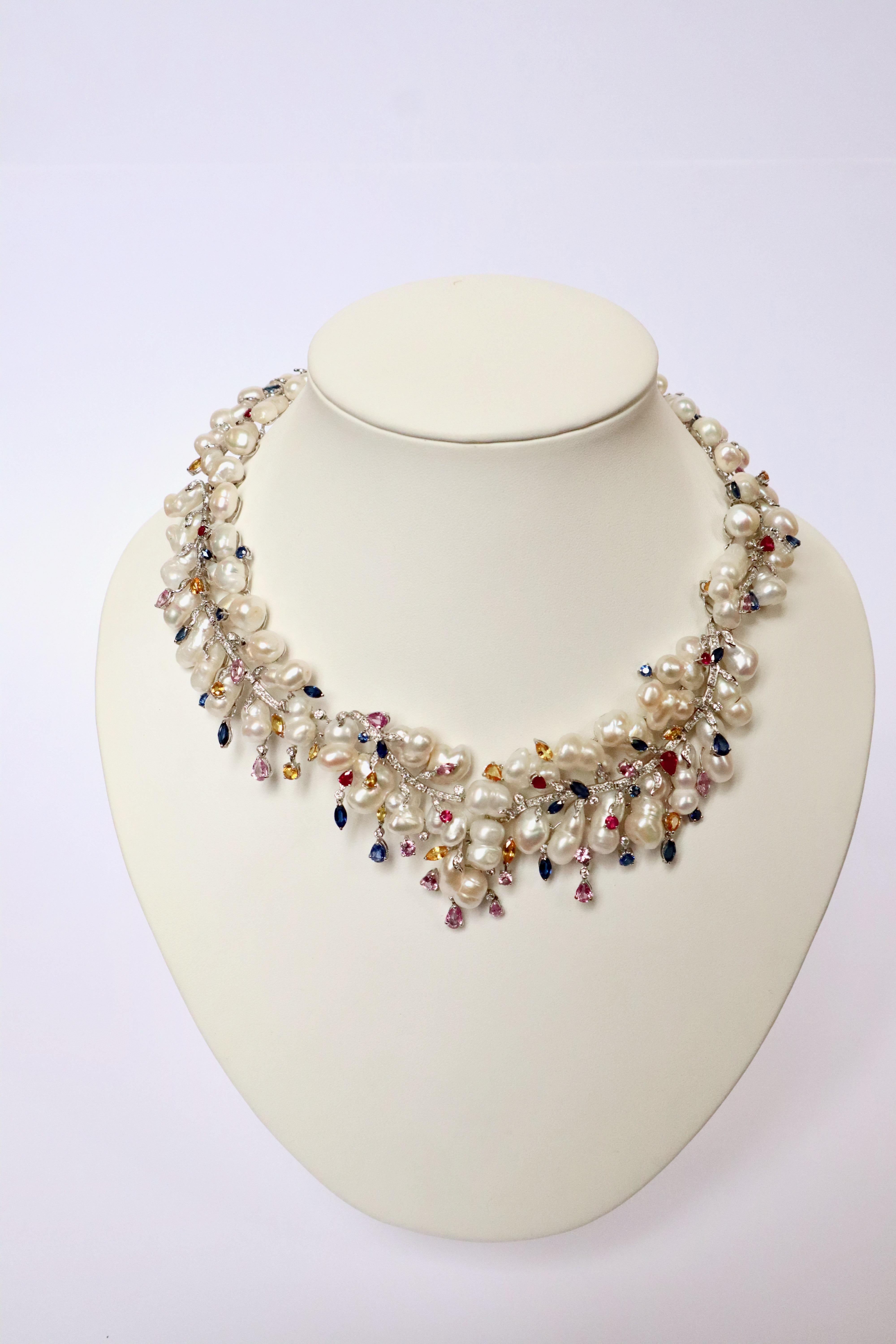 Necklace in 18 Carat White Gold, Baroque Pearls, Diamonds Sapphires In Good Condition For Sale In Paris, FR