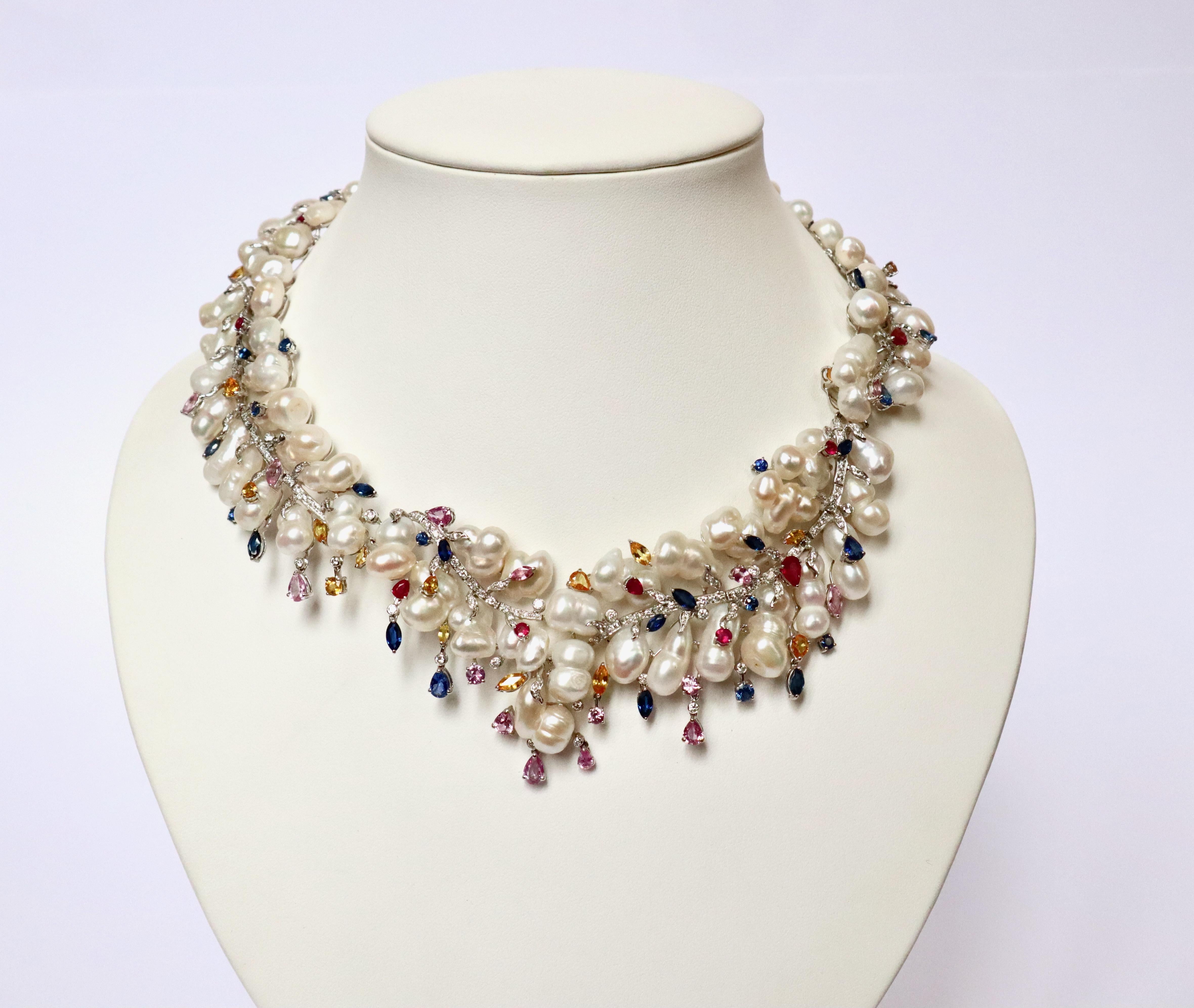 Women's Necklace in 18 Carat White Gold, Baroque Pearls, Diamonds Sapphires For Sale
