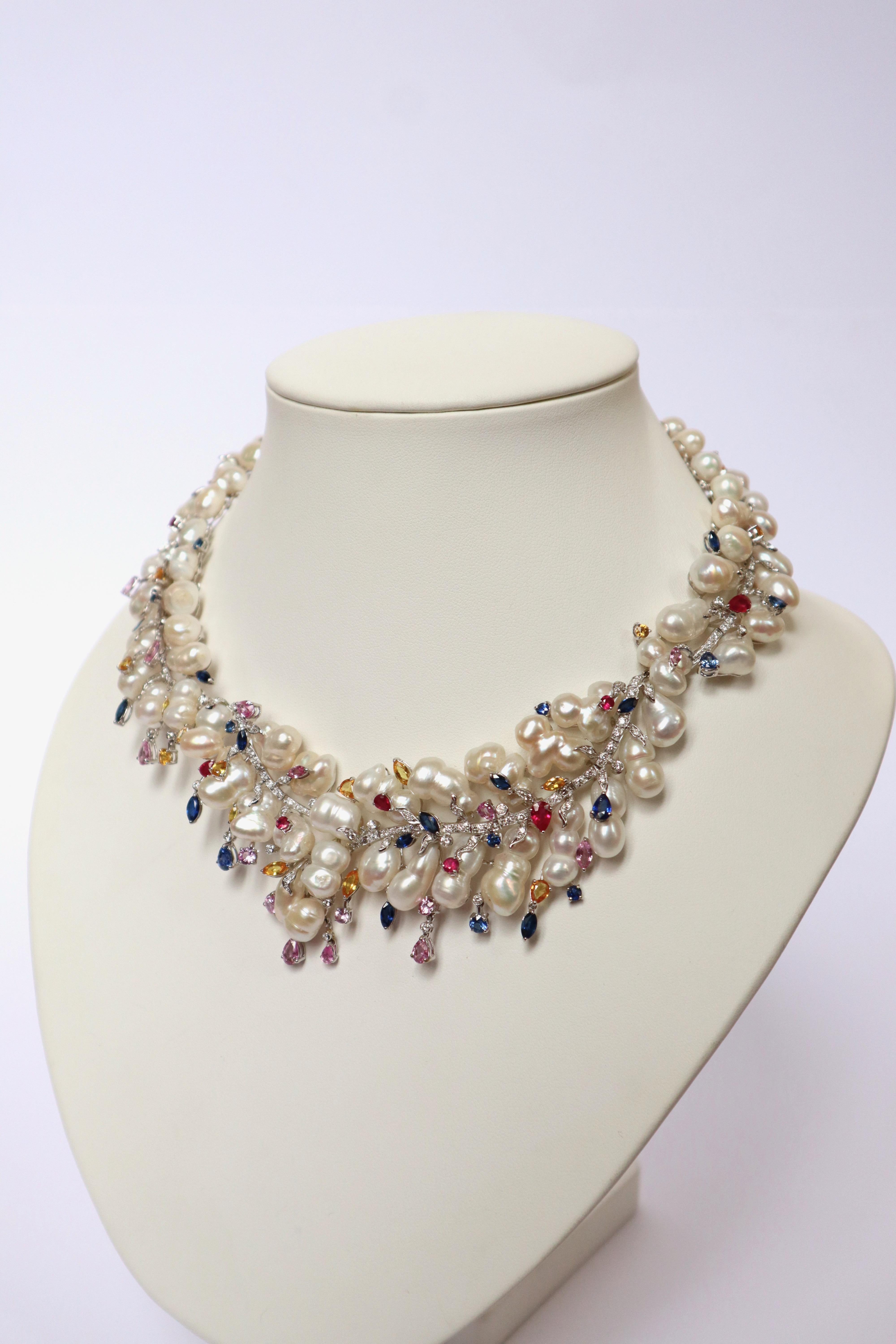 Necklace in 18 Carat White Gold, Baroque Pearls, Diamonds Sapphires For Sale 1