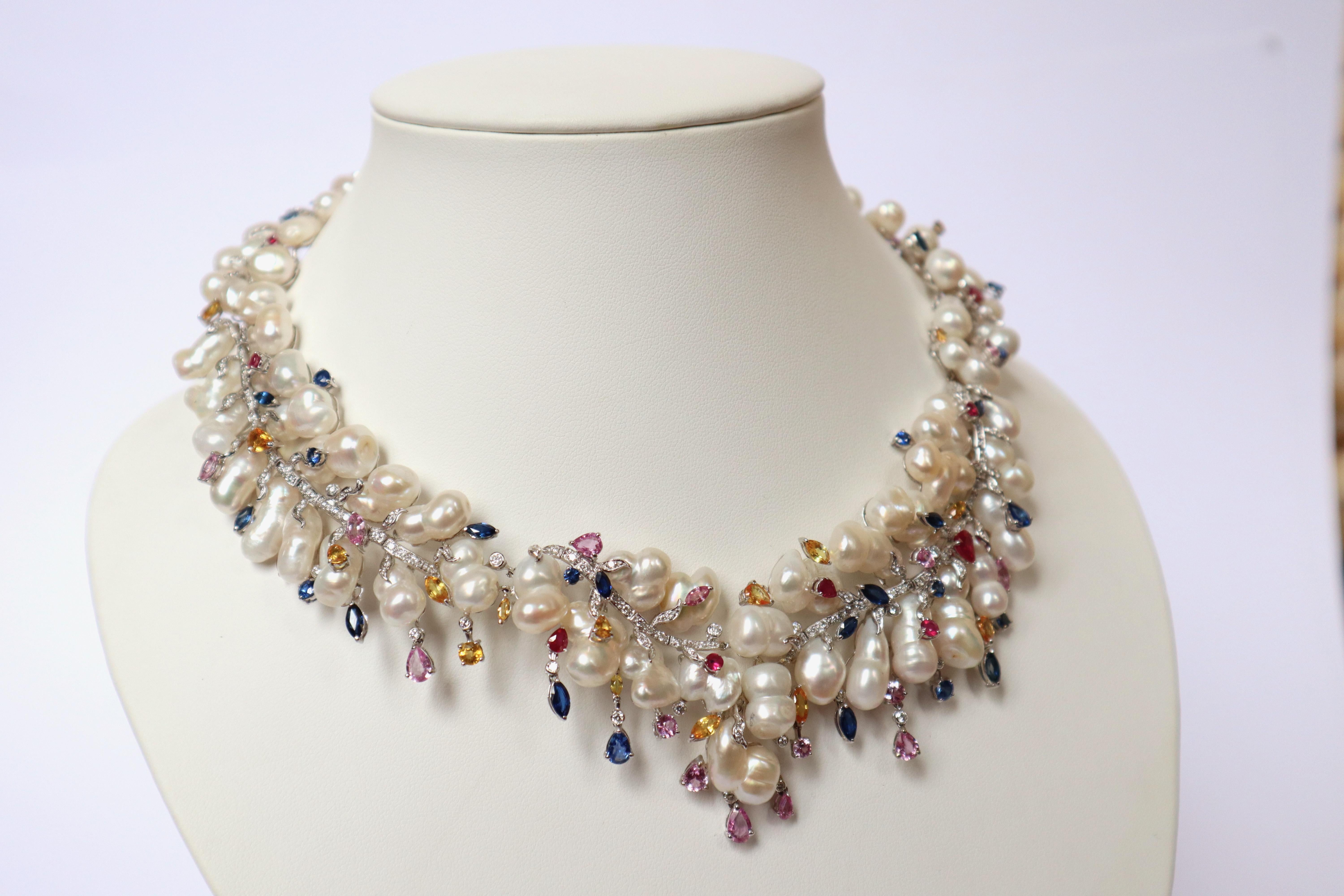 Necklace in 18 Carat White Gold, Baroque Pearls, Diamonds Sapphires For Sale 3