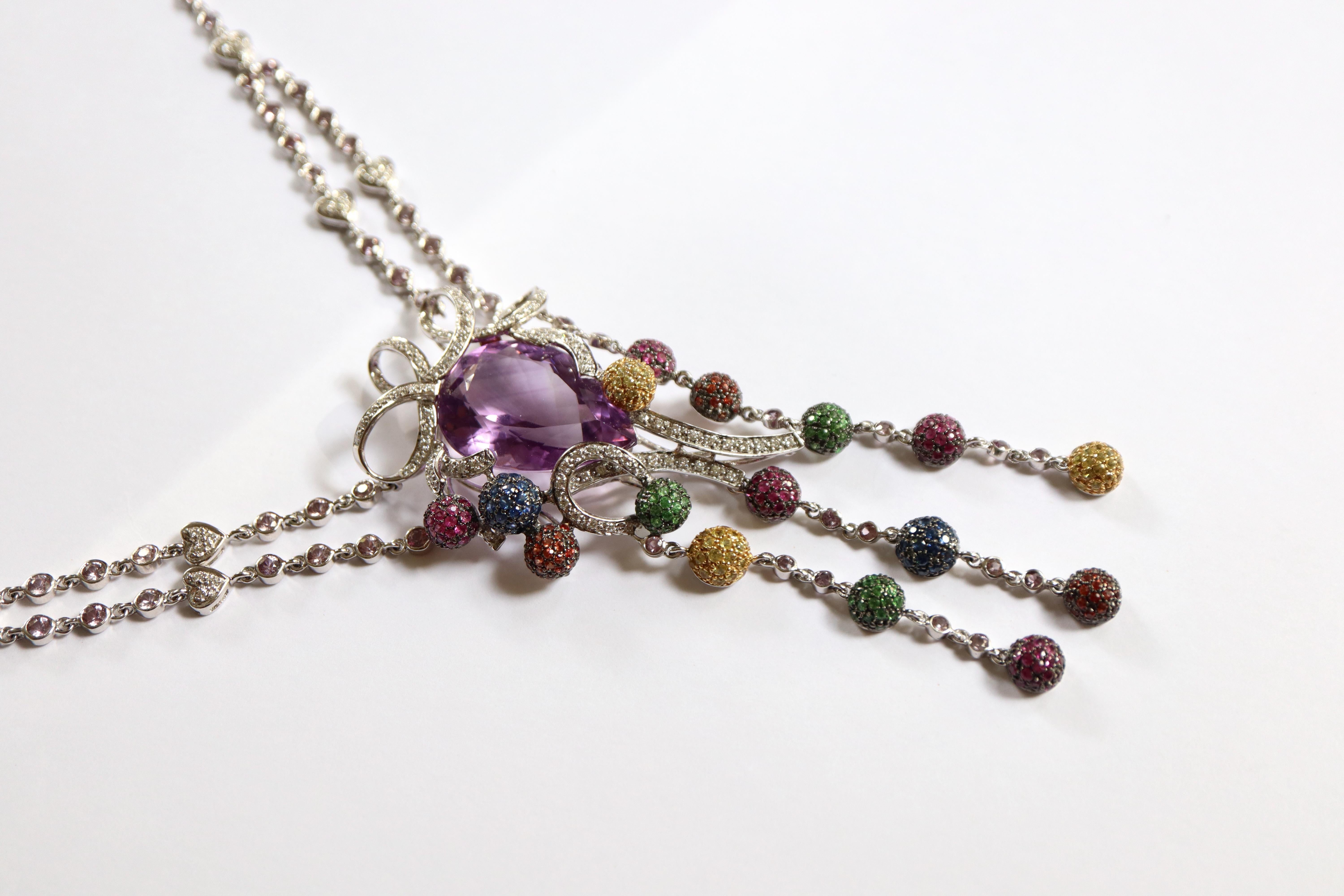 Necklace in 18K White Gold Multicolored Sapphires, Fine Stones and Diamonds For Sale 4